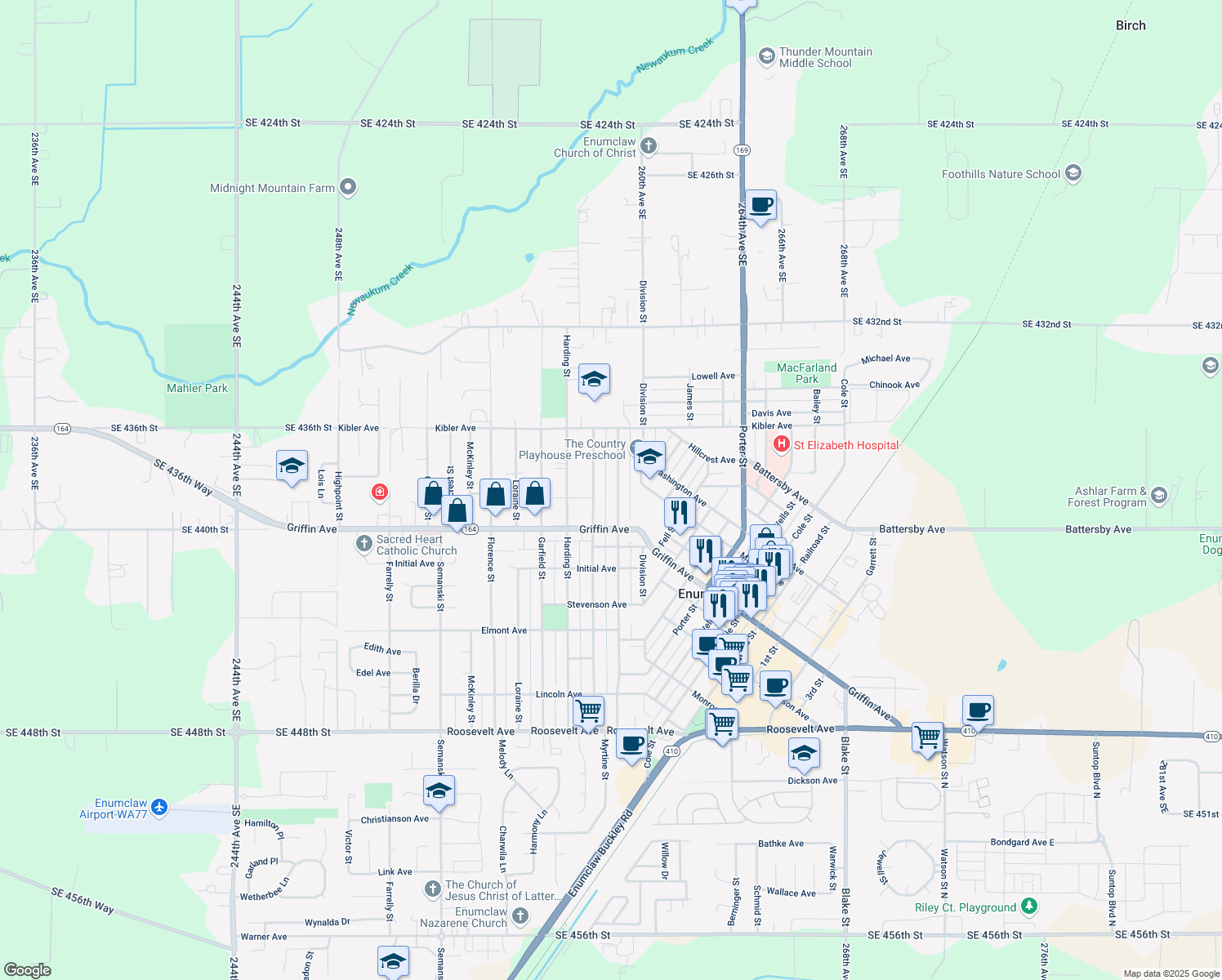 map of restaurants, bars, coffee shops, grocery stores, and more near 1820 Lafromboise Street in Enumclaw
