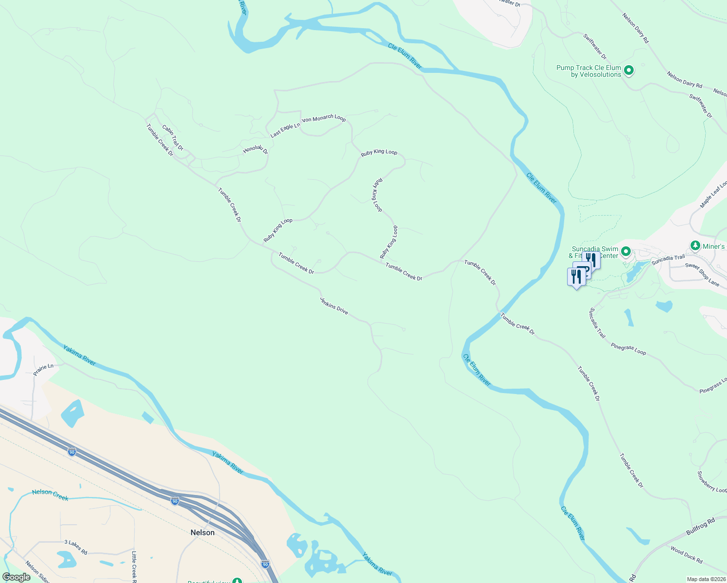map of restaurants, bars, coffee shops, grocery stores, and more near 190 Orphan Nugget Lane in Cle Elum