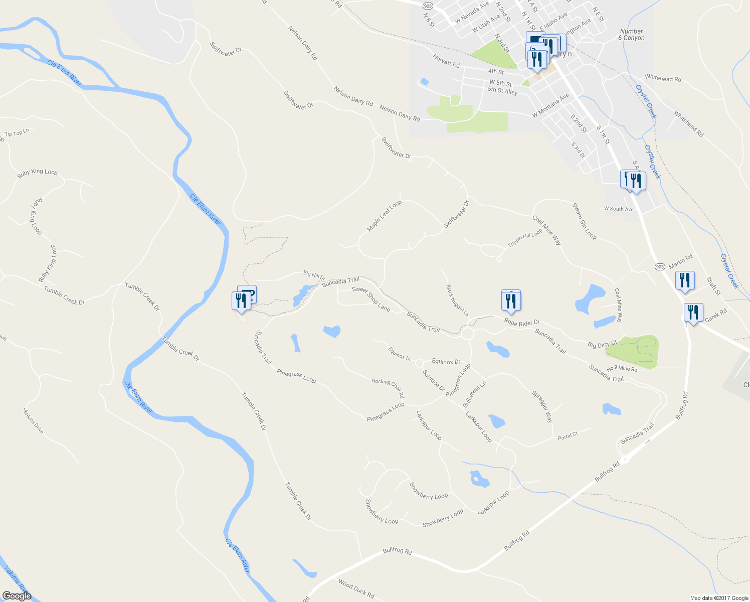 map of restaurants, bars, coffee shops, grocery stores, and more near 283 Sweet Shop Lane in Cle Elum