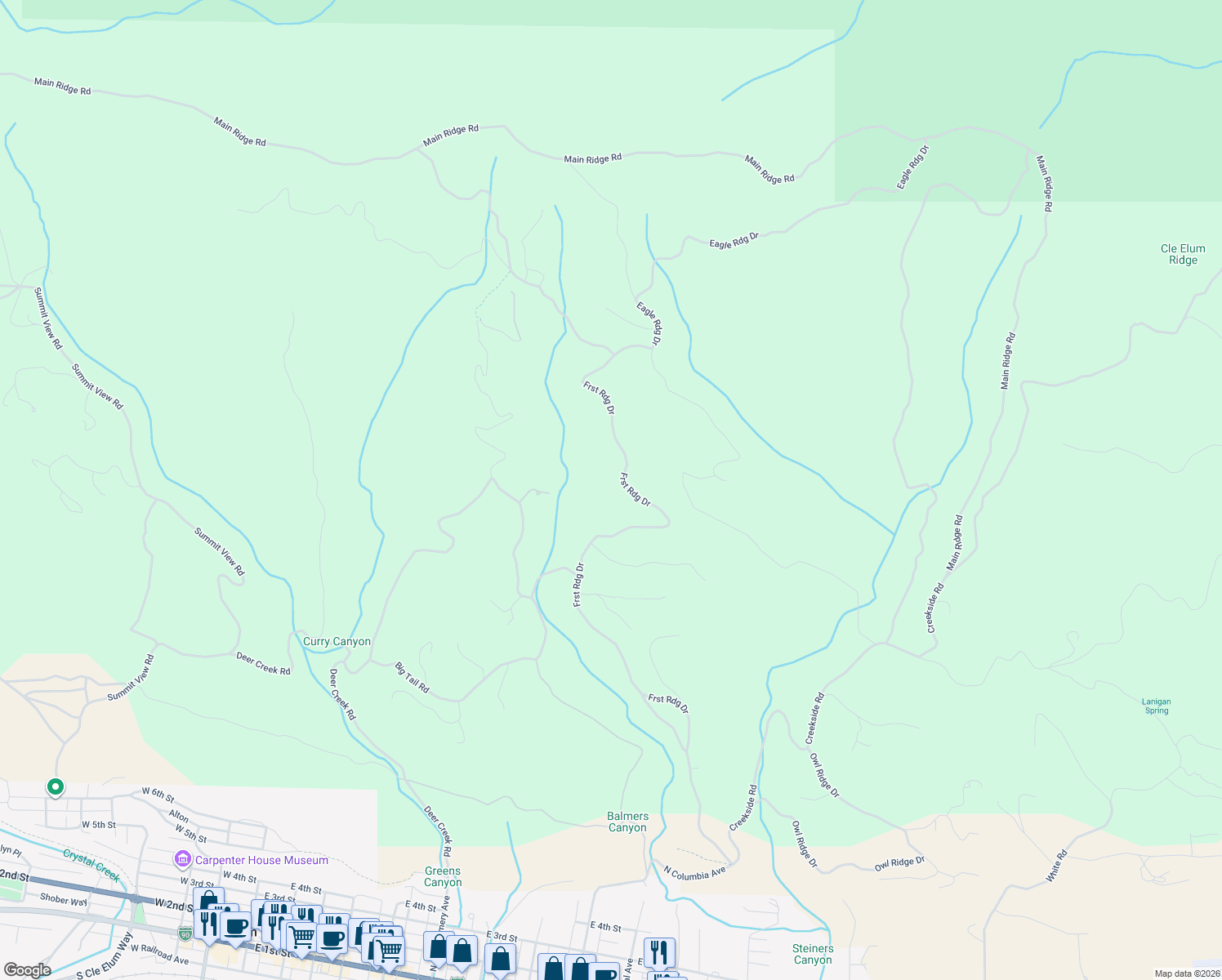 map of restaurants, bars, coffee shops, grocery stores, and more near in Cle Elum