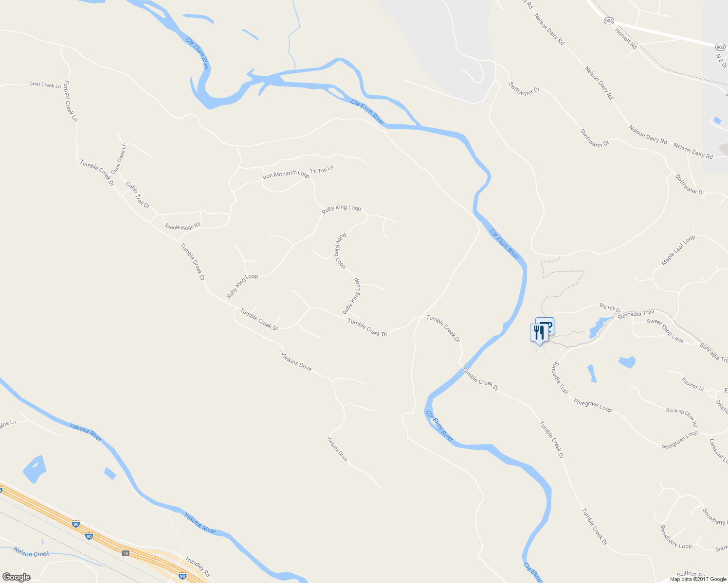 map of restaurants, bars, coffee shops, grocery stores, and more near 40 Silver Queen Lane in Cle Elum