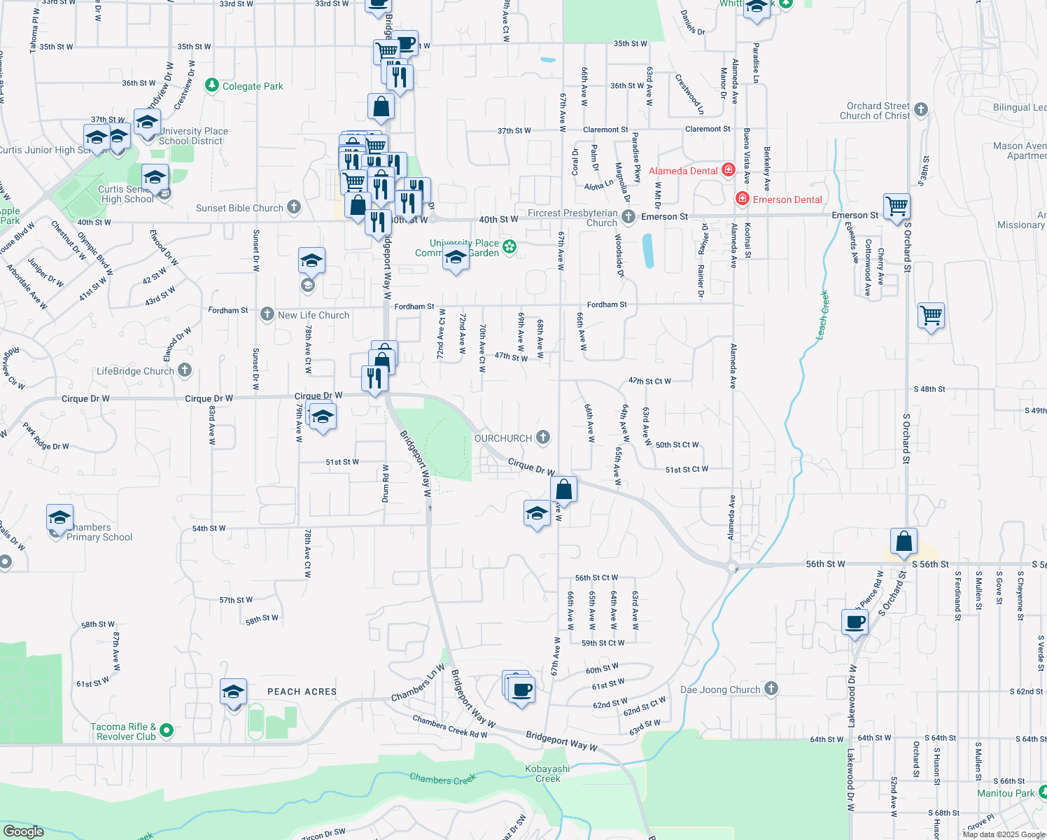 map of restaurants, bars, coffee shops, grocery stores, and more near 4909 69th Avenue Court West in University Place
