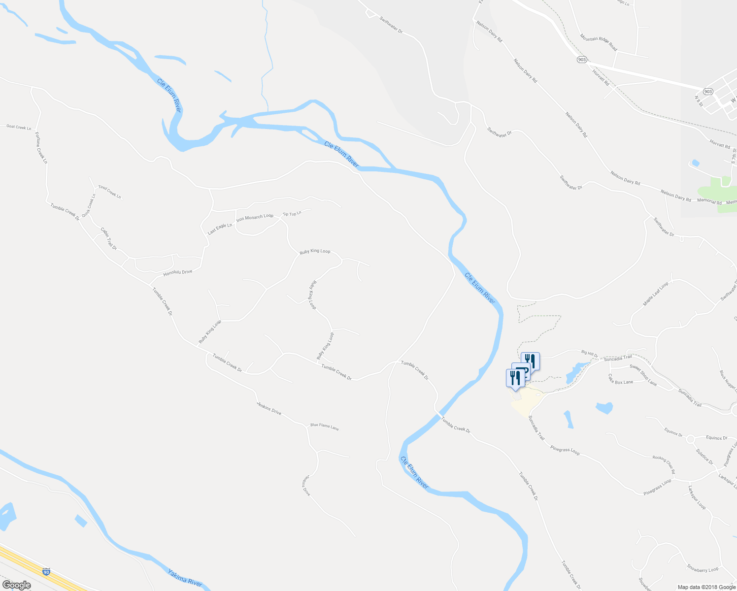 map of restaurants, bars, coffee shops, grocery stores, and more near 151 Rushing Water Lane in Cle Elum