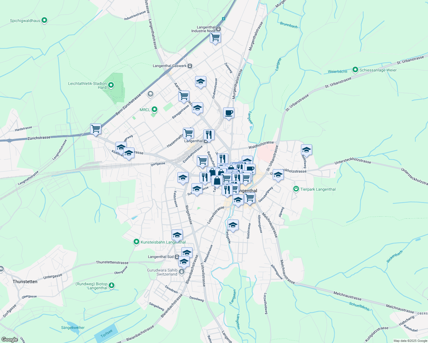 map of restaurants, bars, coffee shops, grocery stores, and more near in Langenthal