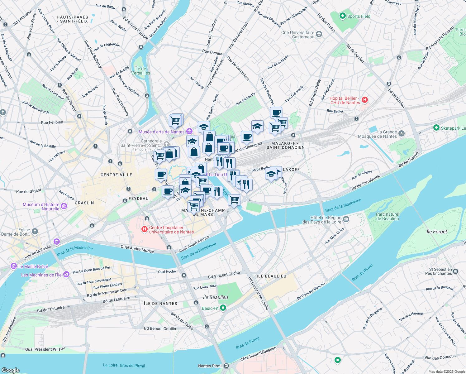 map of restaurants, bars, coffee shops, grocery stores, and more near 44 Quai Malakoff in Nantes