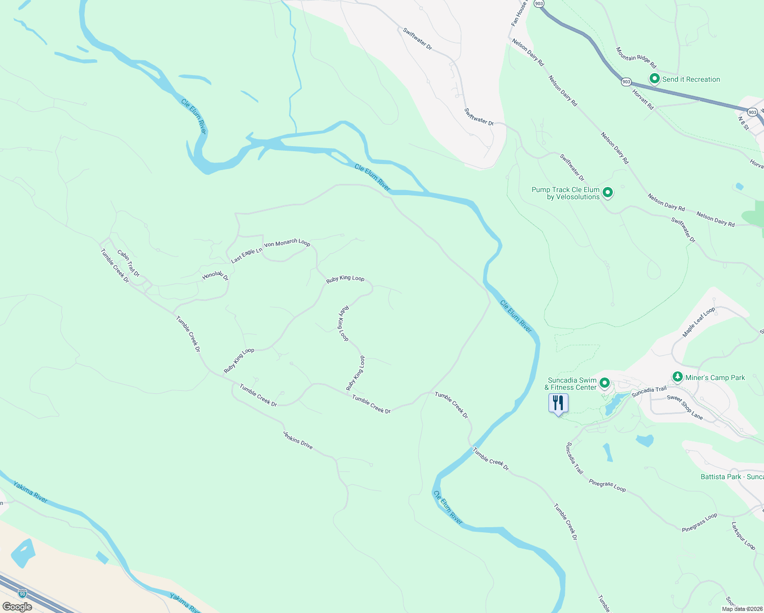 map of restaurants, bars, coffee shops, grocery stores, and more near 91 Rushing Water Lane in Cle Elum