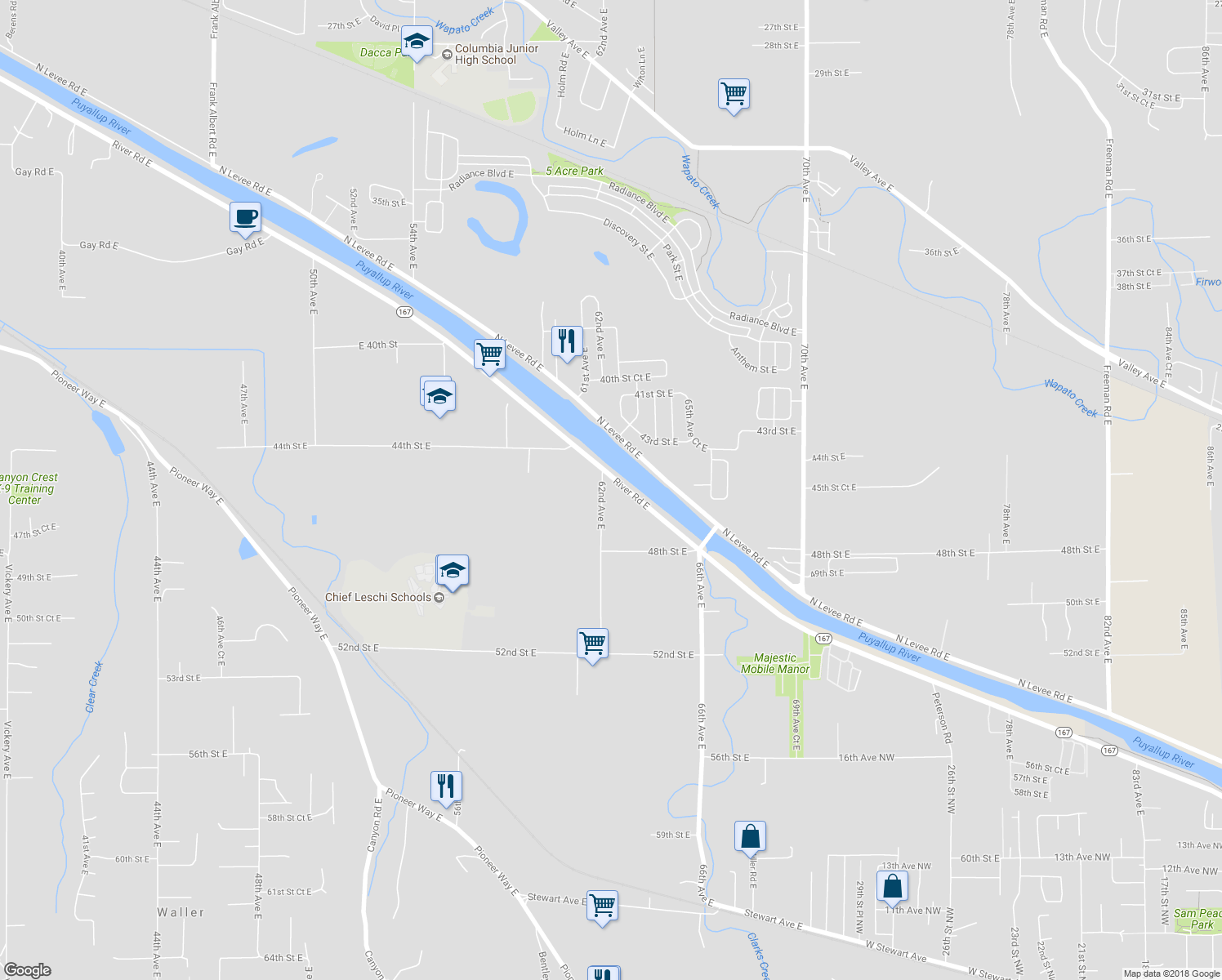 map of restaurants, bars, coffee shops, grocery stores, and more near 4517 62nd Avenue East in Puyallup