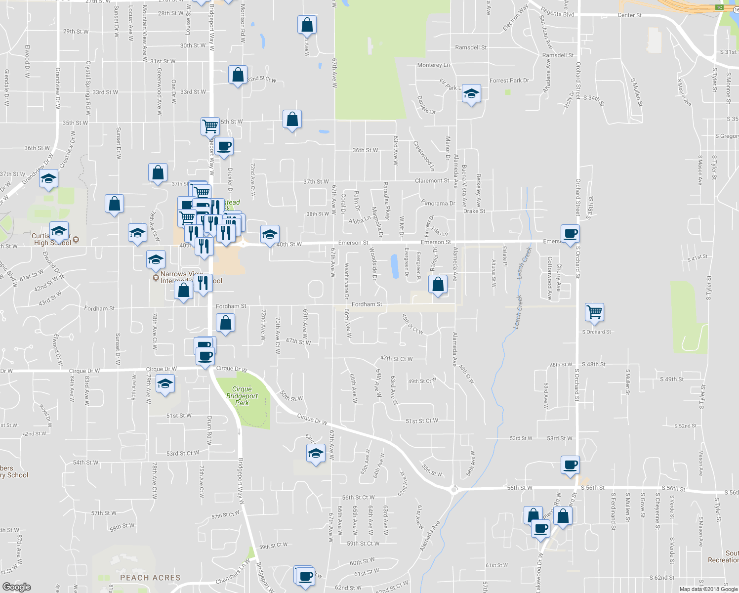 map of restaurants, bars, coffee shops, grocery stores, and more near 1548 Woodside Court in Fircrest