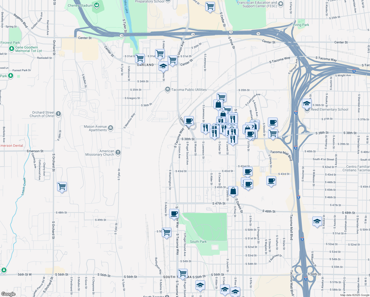 map of restaurants, bars, coffee shops, grocery stores, and more near 3834 South Puget Sound Avenue in Tacoma