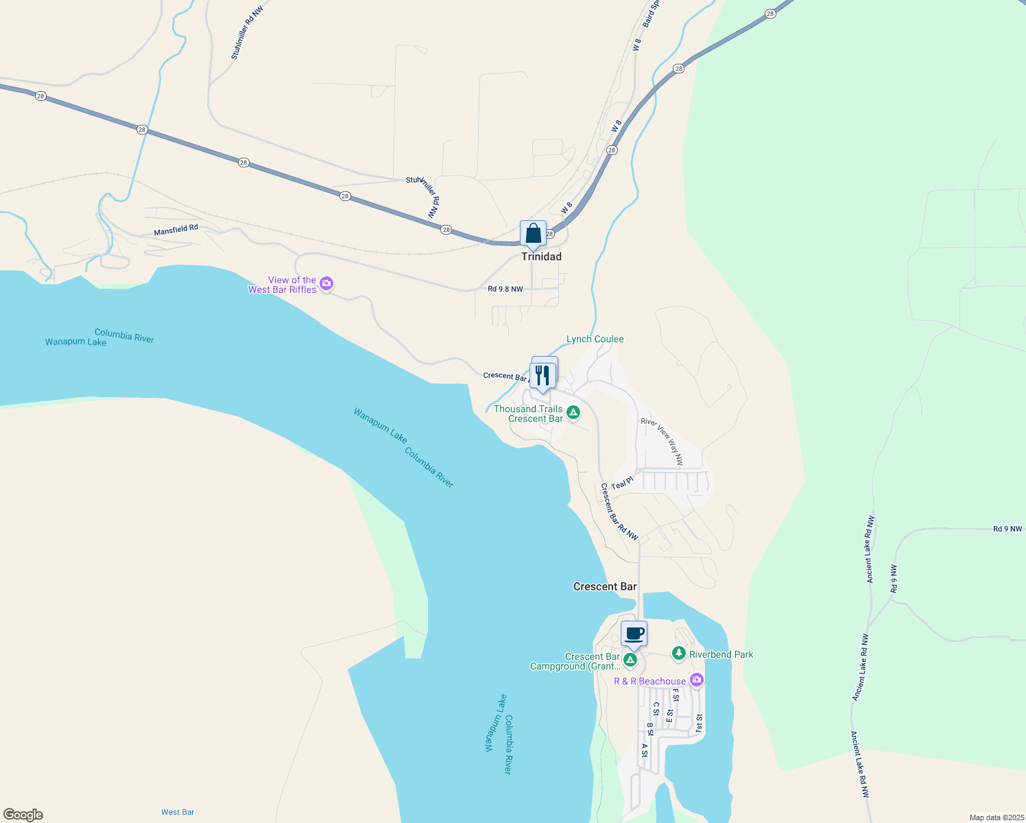 map of restaurants, bars, coffee shops, grocery stores, and more near 23943 Crescent Bay Drive Northwest in Quincy