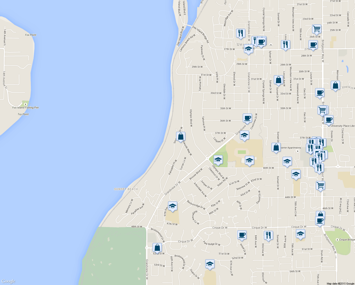 map of restaurants, bars, coffee shops, grocery stores, and more near 3715 Soundview Drive West in University Place