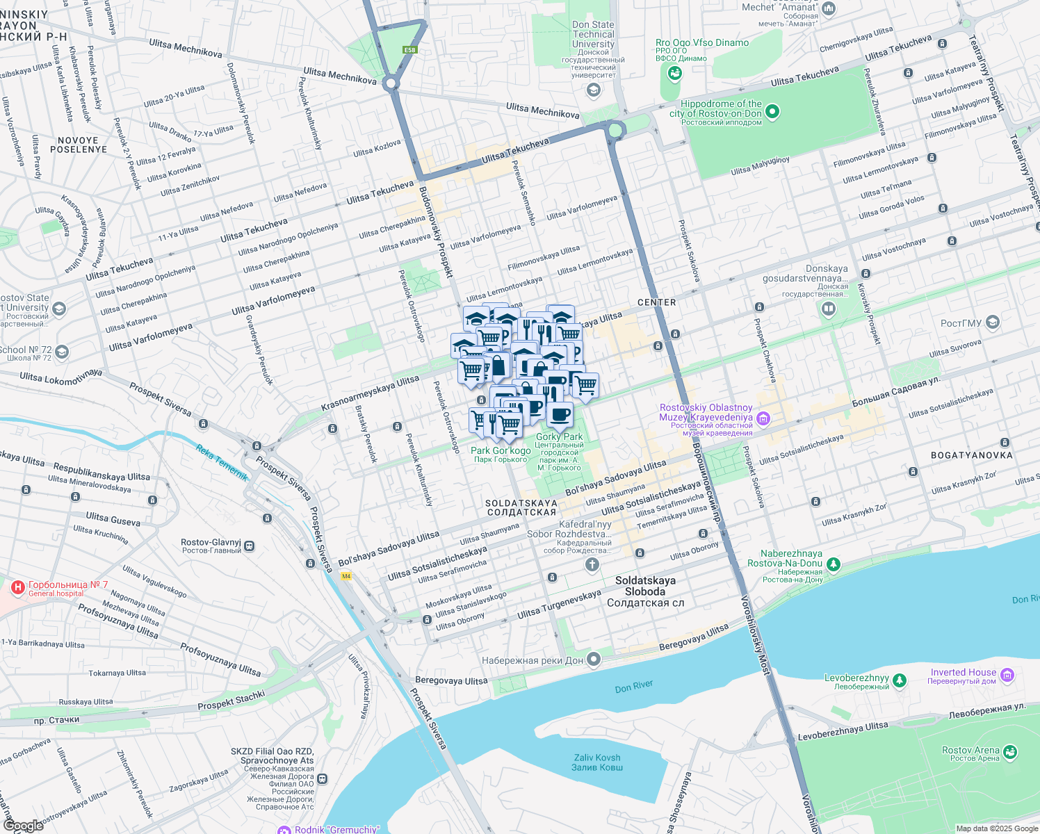 map of restaurants, bars, coffee shops, grocery stores, and more near 61 Pushkinskaya Ulitsa in Rostov