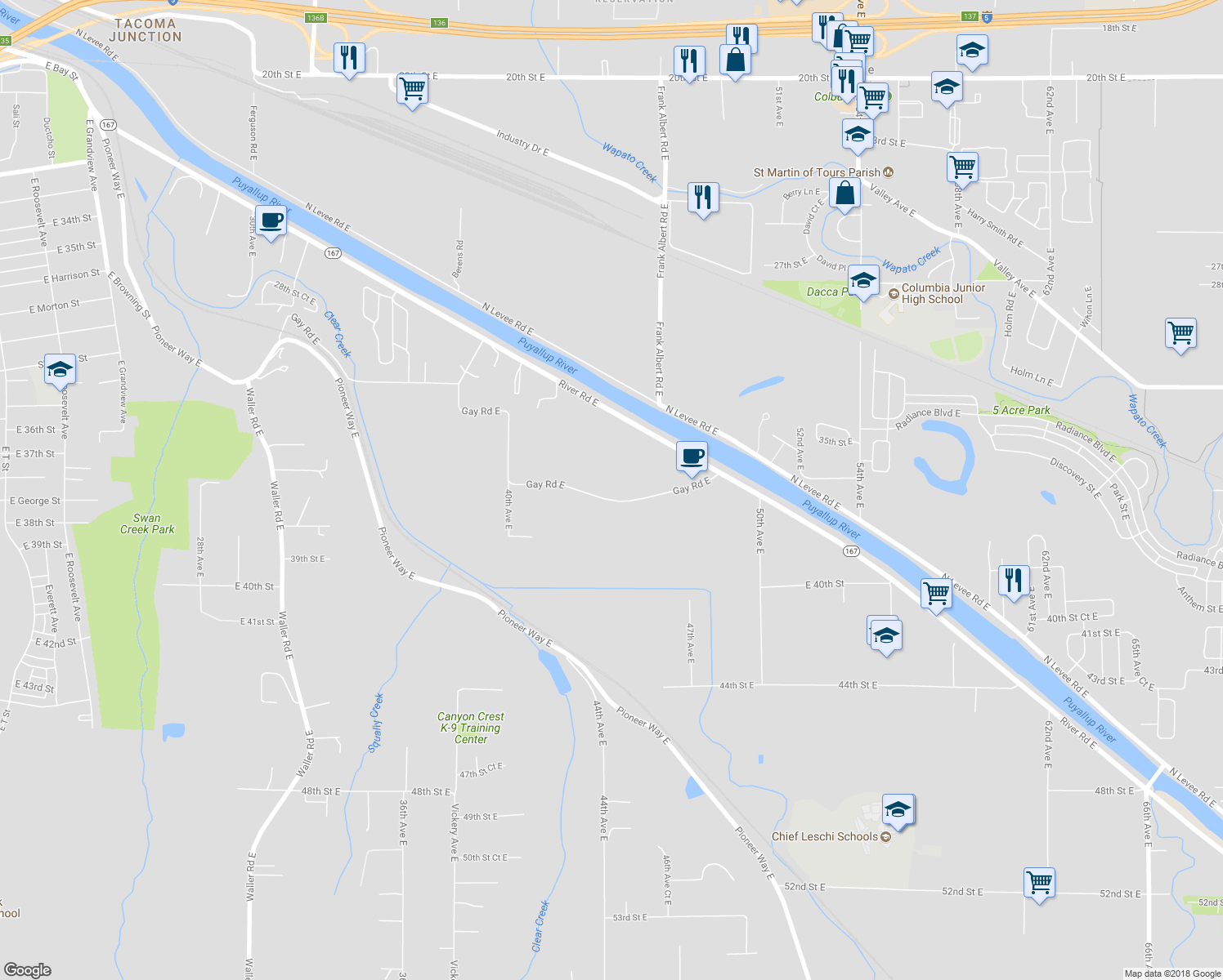 map of restaurants, bars, coffee shops, grocery stores, and more near 4402 Gay Road East in Tacoma