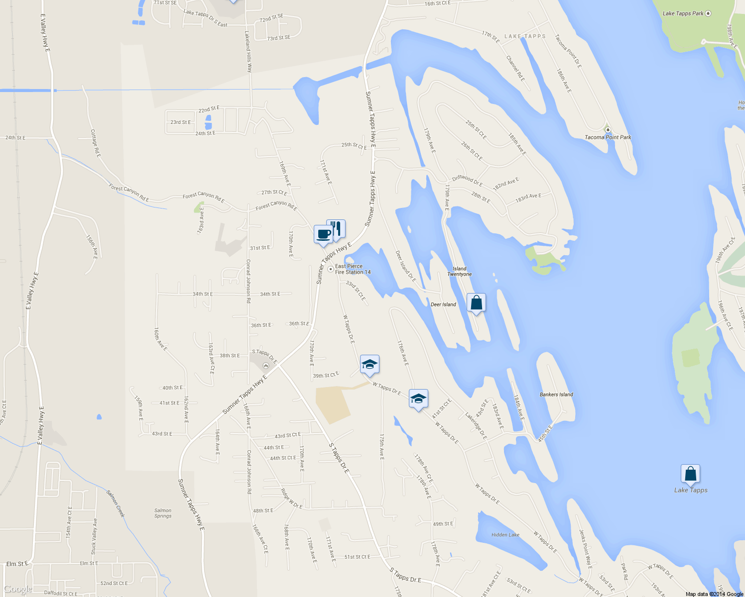 map of restaurants, bars, coffee shops, grocery stores, and more near 17317 33rd Street Court East in Lake Tapps