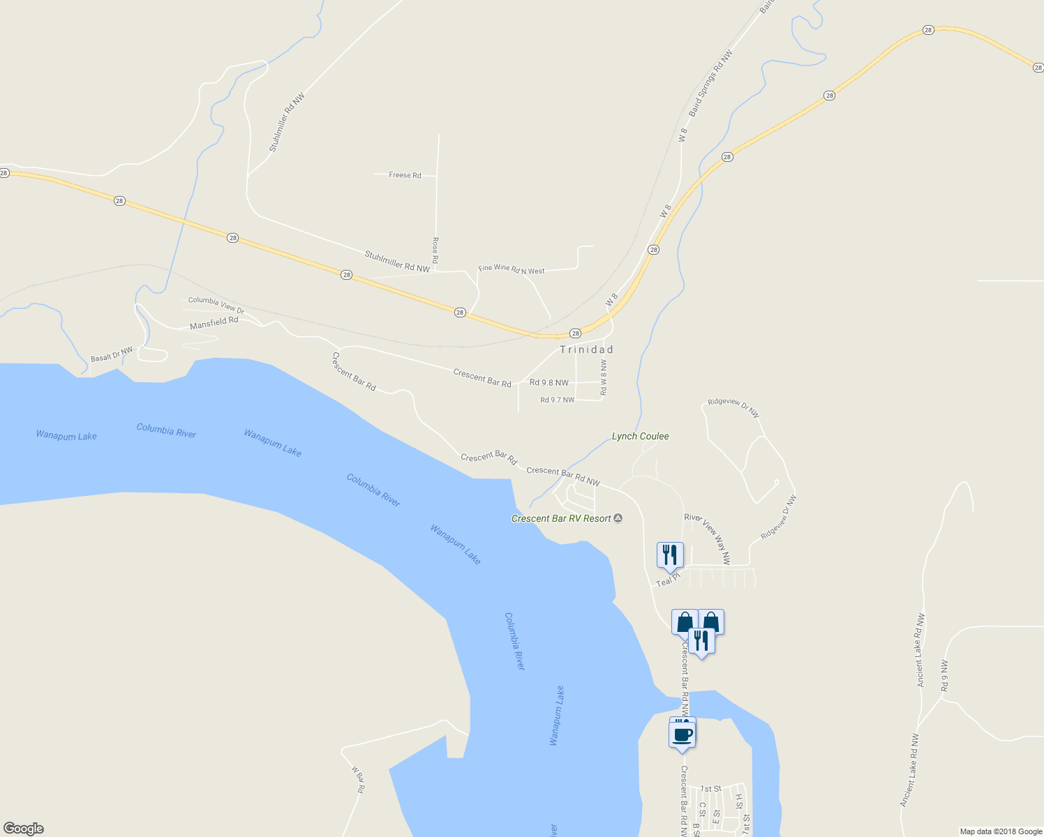 map of restaurants, bars, coffee shops, grocery stores, and more near 9769 Crescent Bar Road Northwest in Quincy