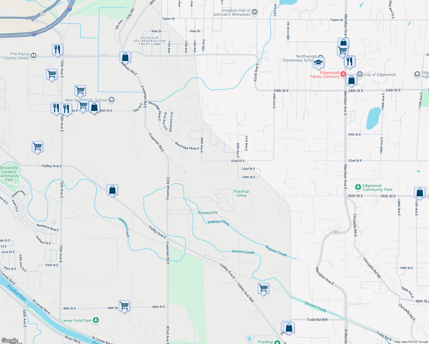 map of restaurants, bars, coffee shops, grocery stores, and more near 8707 33rd Street East in Tacoma