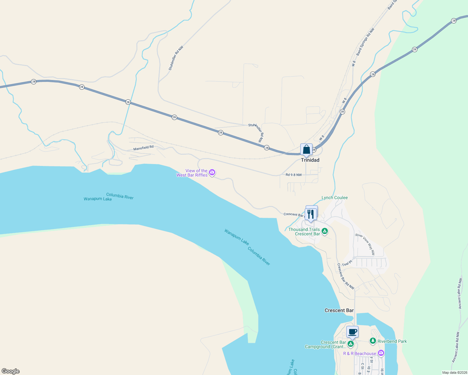 map of restaurants, bars, coffee shops, grocery stores, and more near Crescent Bar Road in Quincy