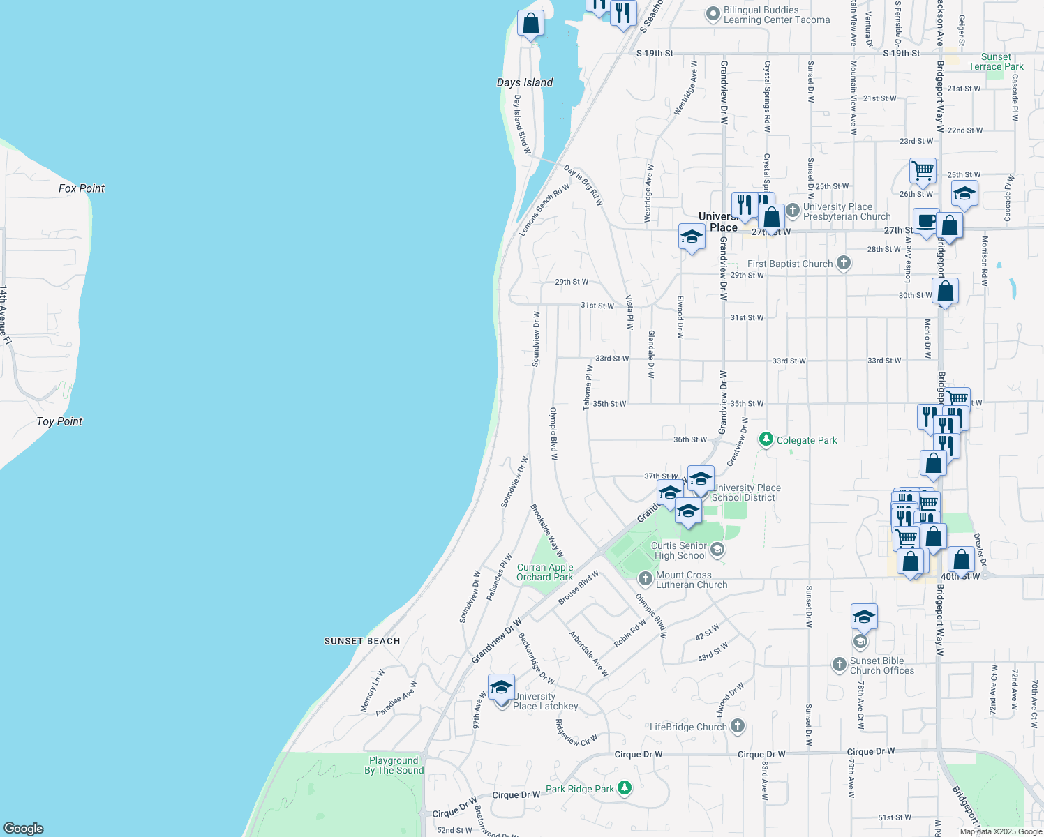 map of restaurants, bars, coffee shops, grocery stores, and more near 3510 Soundview Drive West in University Place