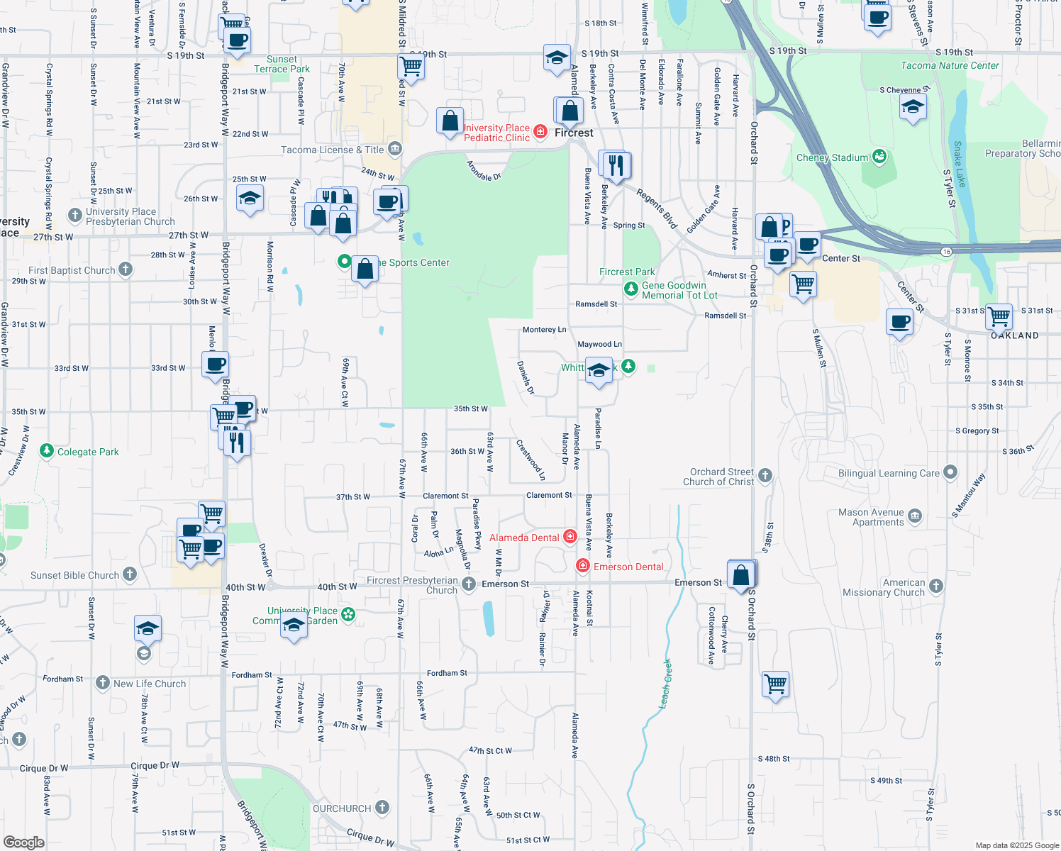 map of restaurants, bars, coffee shops, grocery stores, and more near 1036 Rosewood Lane in Fircrest