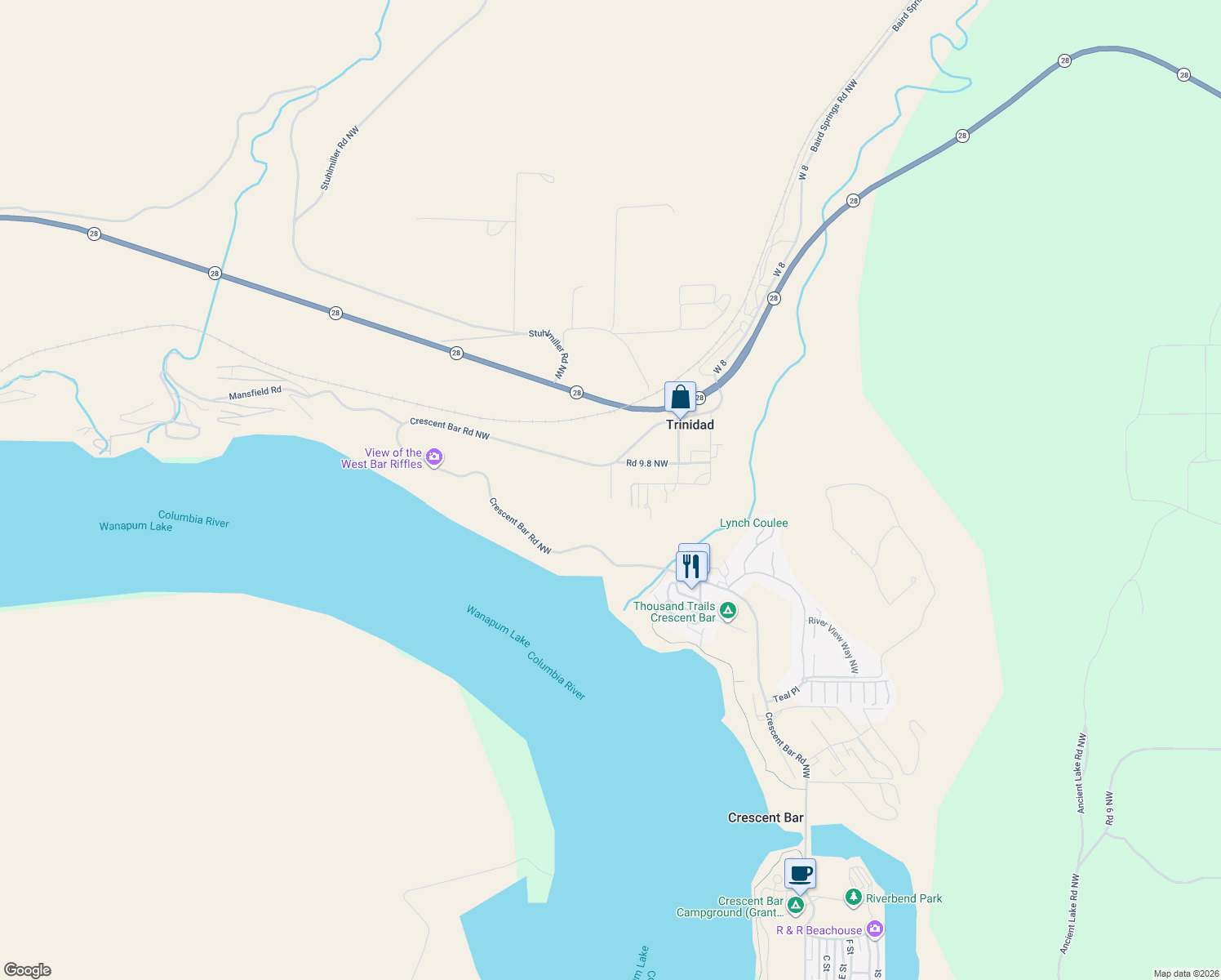 map of restaurants, bars, coffee shops, grocery stores, and more near 1091 Crescent Bar Road Northwest in Quincy