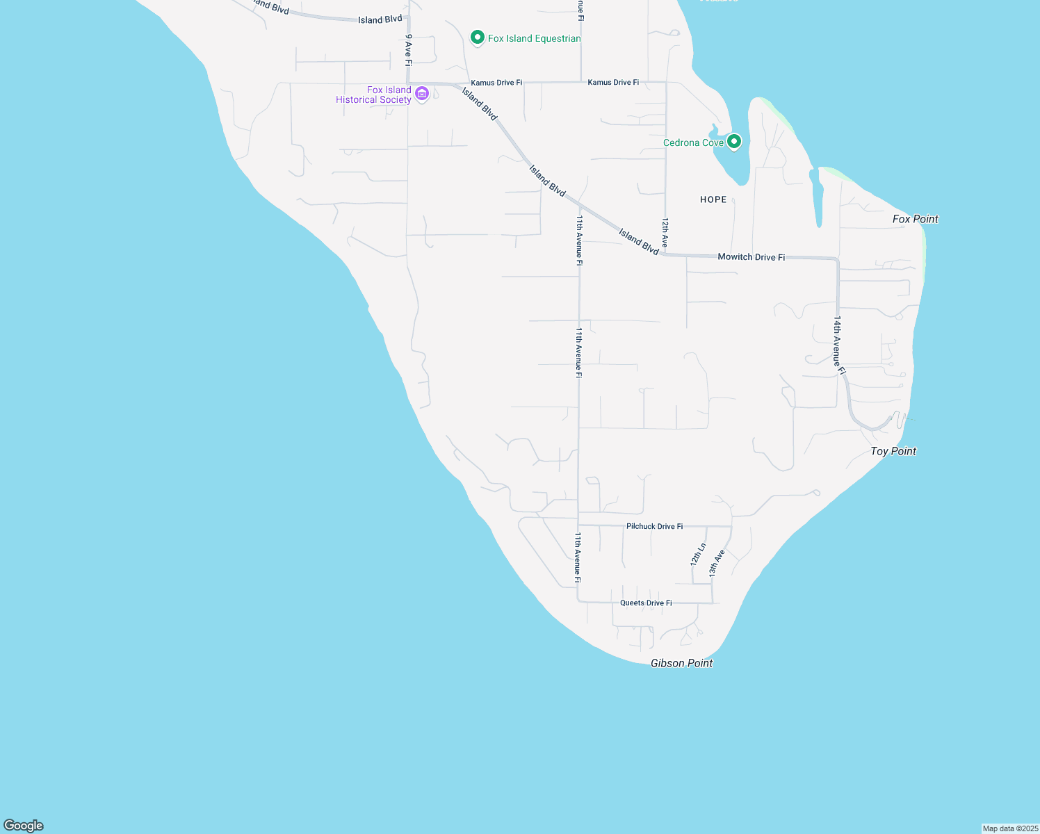 map of restaurants, bars, coffee shops, grocery stores, and more near 1030 Nootka Drive Fi in Fox Island