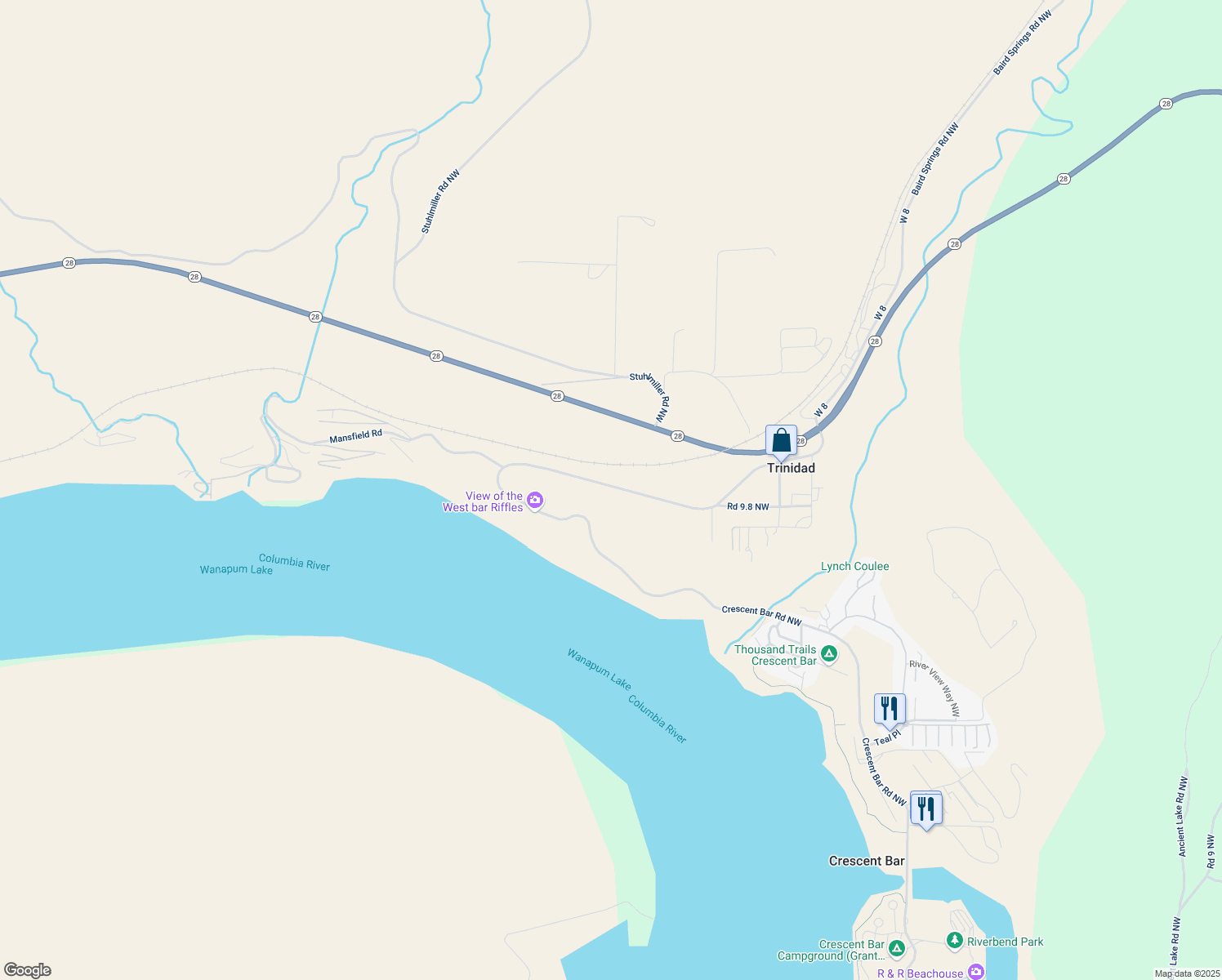 map of restaurants, bars, coffee shops, grocery stores, and more near Crescent Bar Road in Quincy