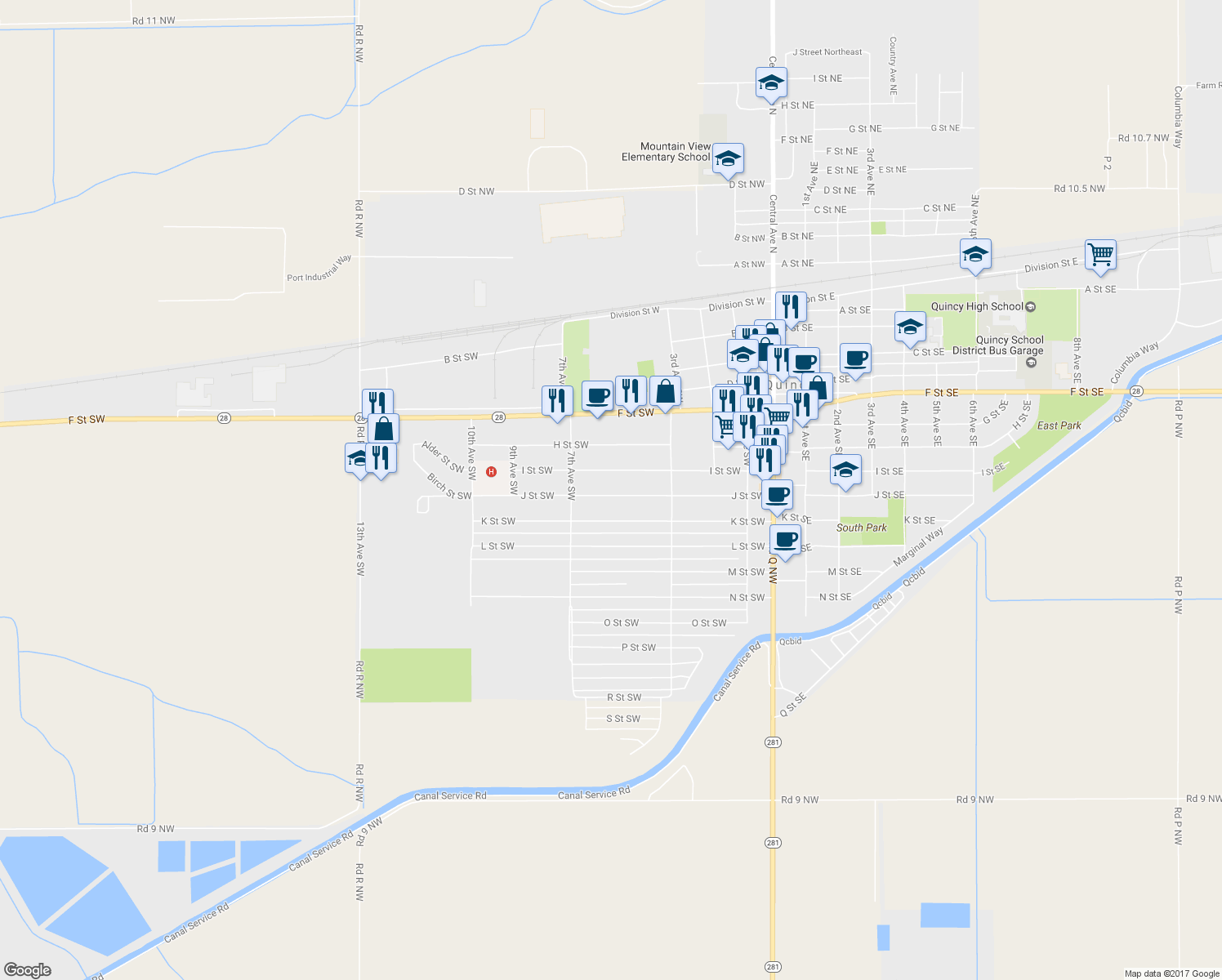 map of restaurants, bars, coffee shops, grocery stores, and more near 513 J Street Southwest in Quincy