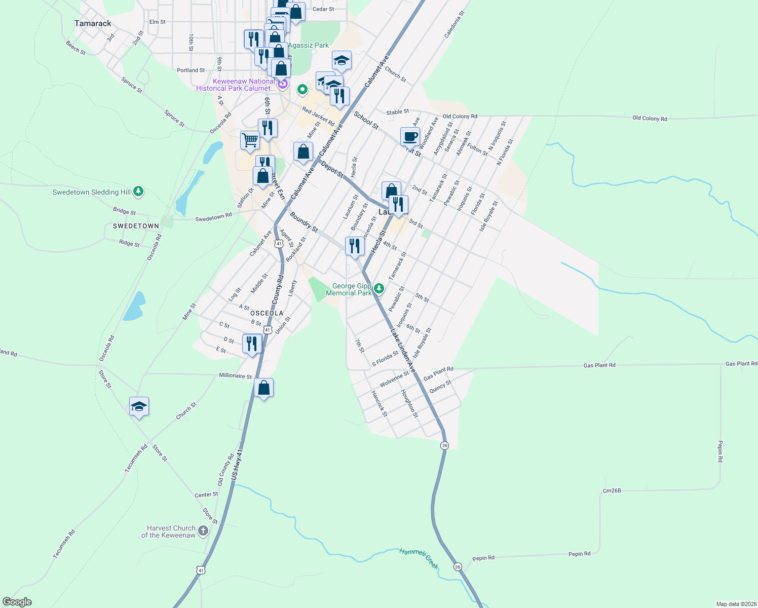 map of restaurants, bars, coffee shops, grocery stores, and more near 401 Lake Linden Ave in Calumet