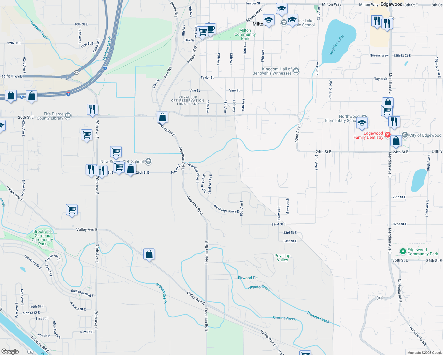 map of restaurants, bars, coffee shops, grocery stores, and more near 8392 27th Street Court East in Edgewood
