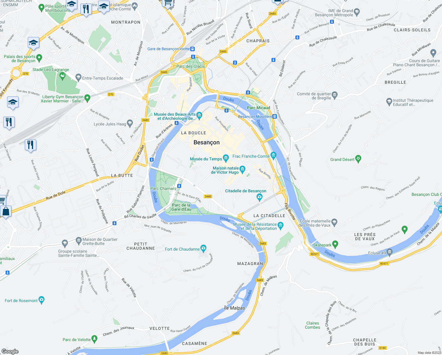 map of restaurants, bars, coffee shops, grocery stores, and more near 49 Rue Megevand in Besançon