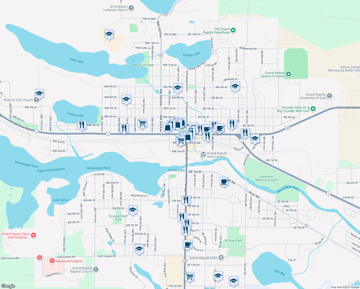 map of restaurants, bars, coffee shops, grocery stores, and more near 220 Northwest 1st Avenue in Grand Rapids