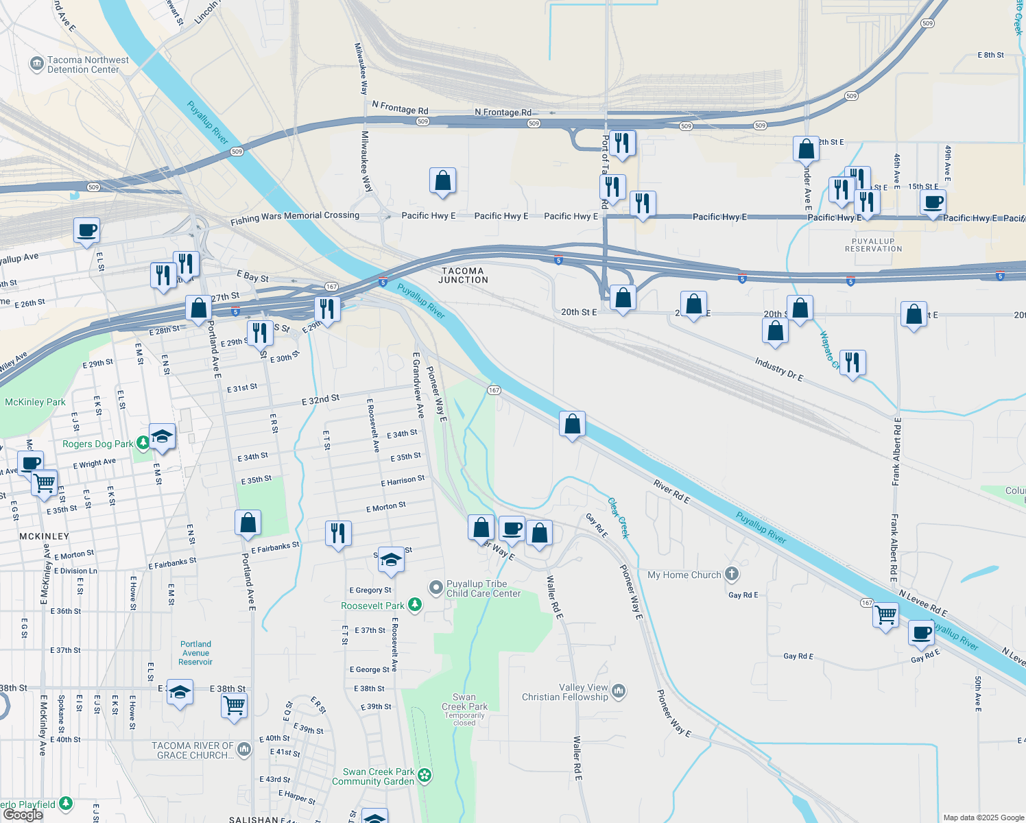 map of restaurants, bars, coffee shops, grocery stores, and more near 2411 28th Avenue East in Tacoma