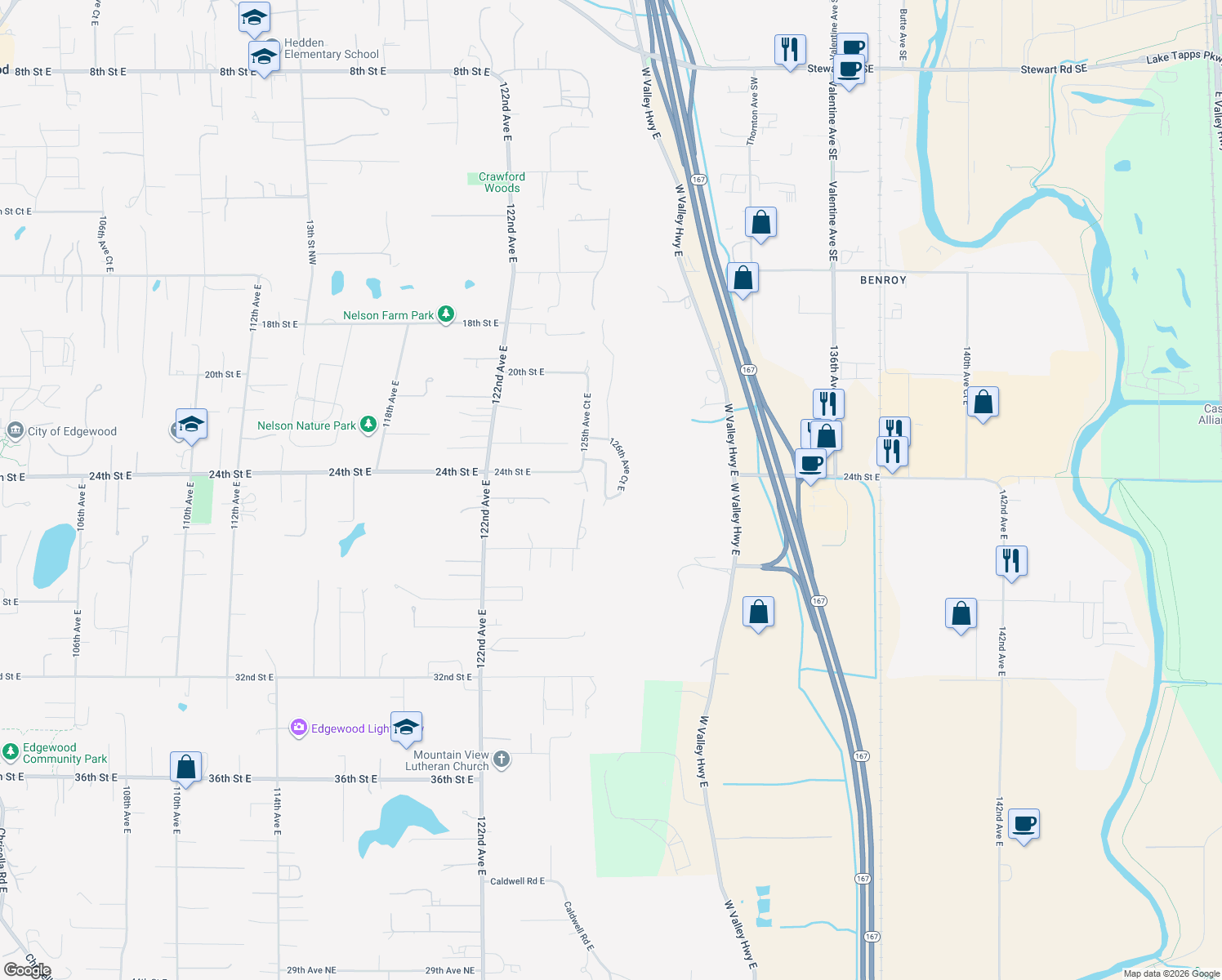 map of restaurants, bars, coffee shops, grocery stores, and more near 12607 23rd Street Court East in Edgewood