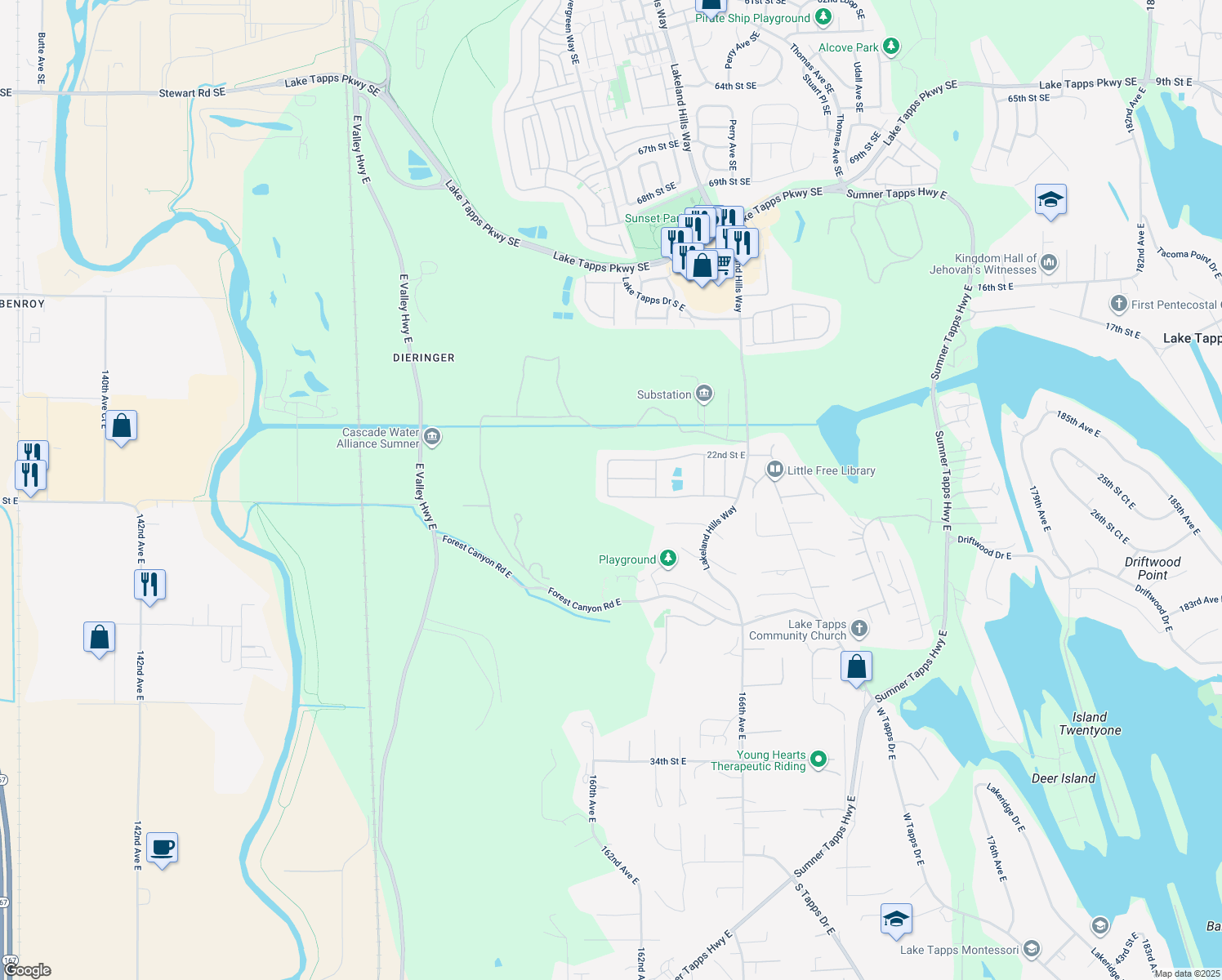 map of restaurants, bars, coffee shops, grocery stores, and more near 16009 24th Street East in Lake Tapps