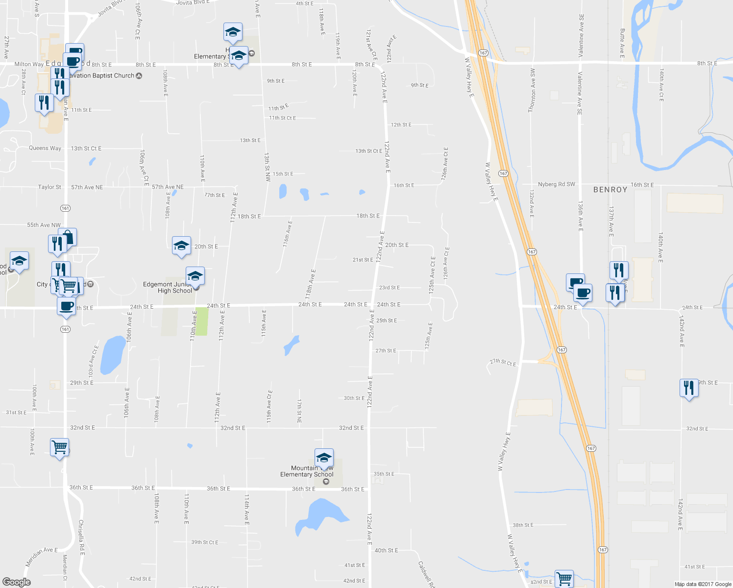 map of restaurants, bars, coffee shops, grocery stores, and more near 2320 122nd Avenue East in Edgewood