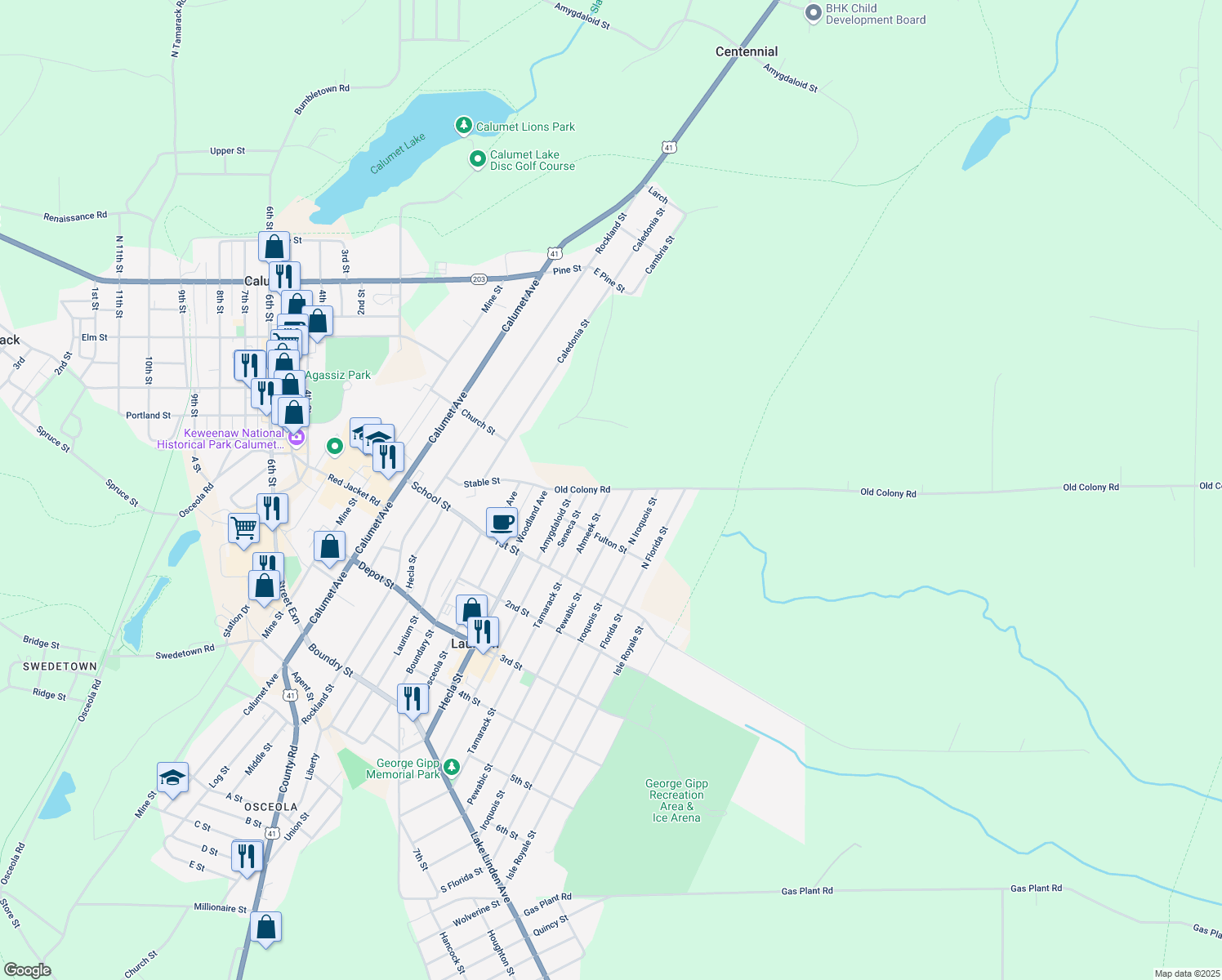 map of restaurants, bars, coffee shops, grocery stores, and more near Old Colony Rd in Laurium