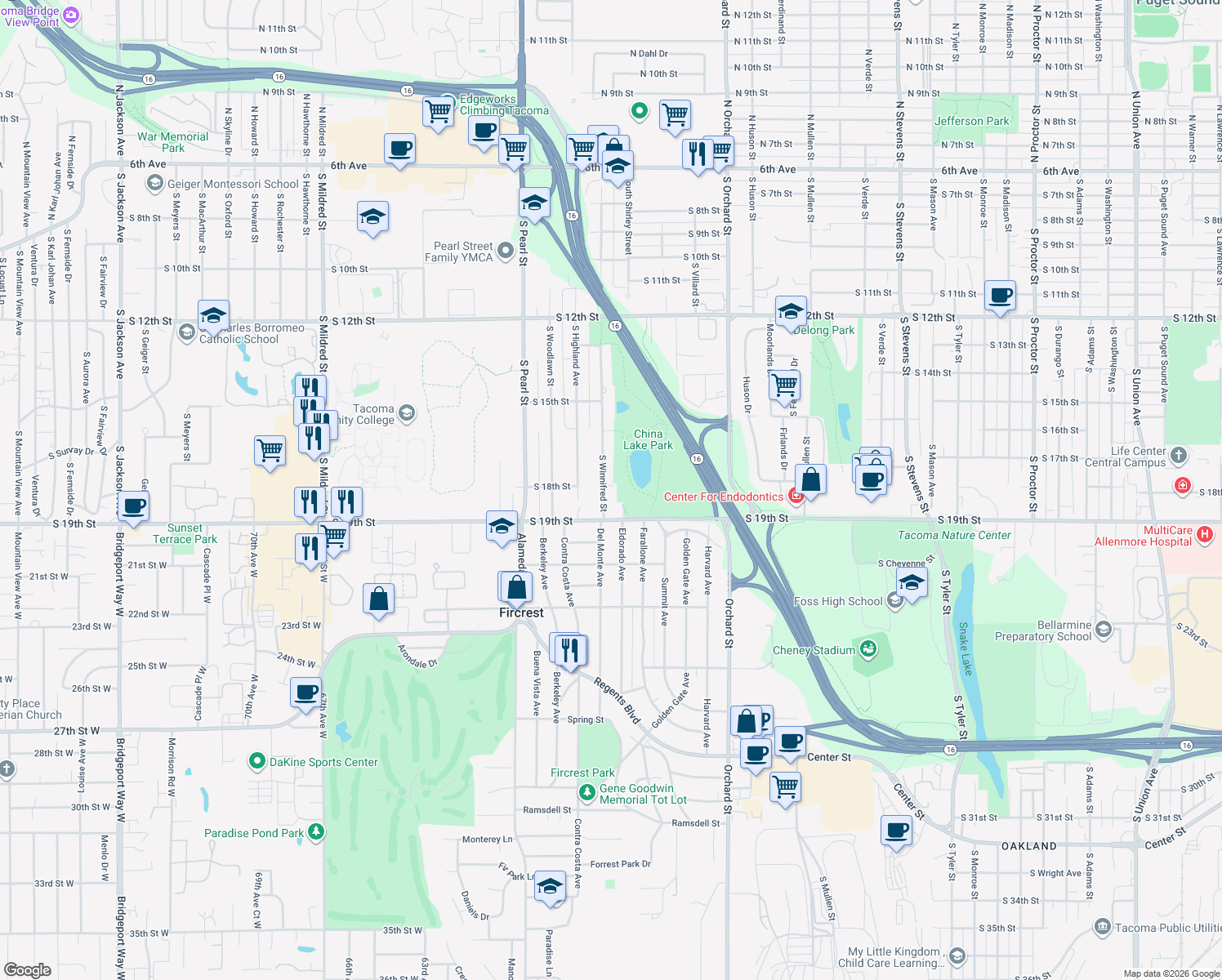 map of restaurants, bars, coffee shops, grocery stores, and more near 1801 South Winnifred Street in Tacoma