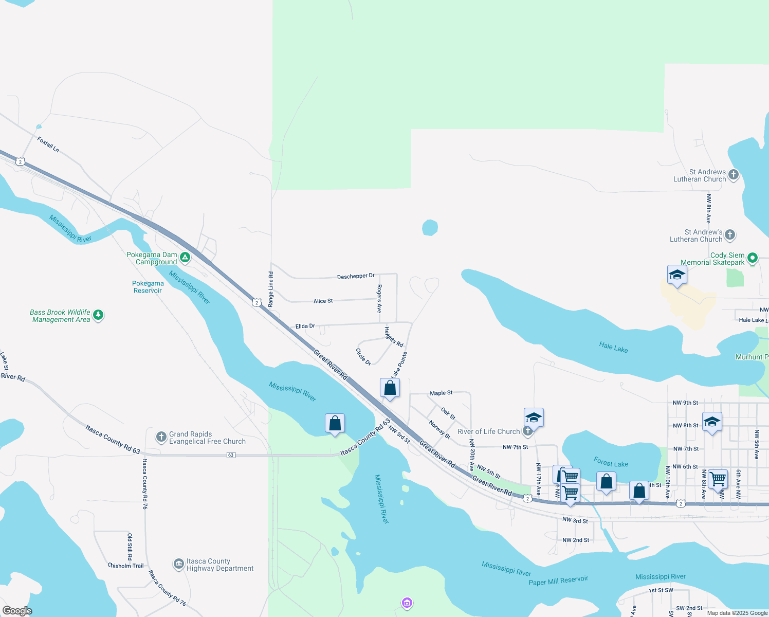 map of restaurants, bars, coffee shops, grocery stores, and more near 535 Rogers Avenue in Grand Rapids