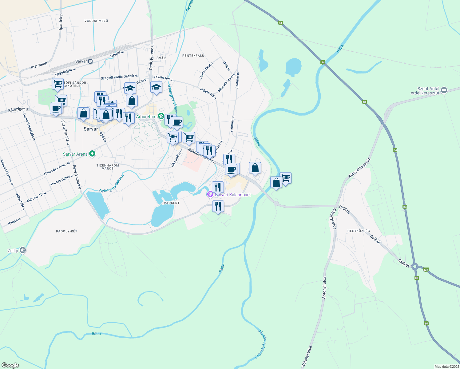 map of restaurants, bars, coffee shops, grocery stores, and more near in Sárvár