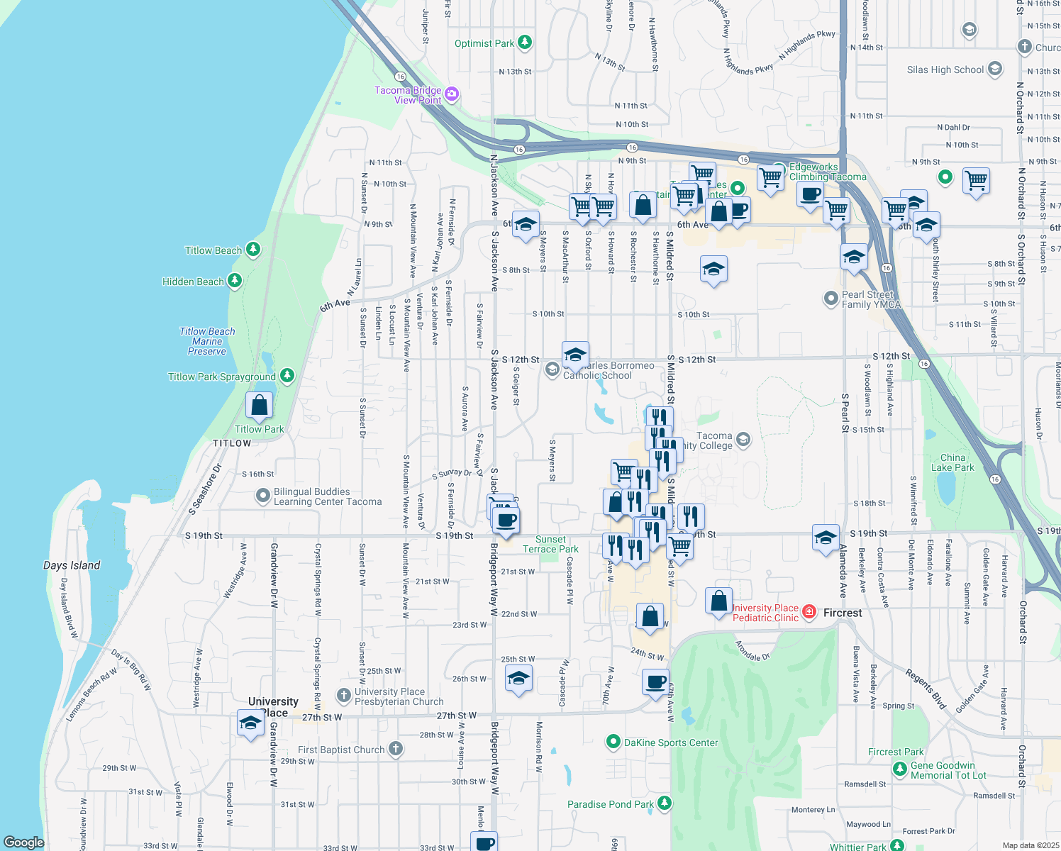 map of restaurants, bars, coffee shops, grocery stores, and more near 1279 S Meyers St in Tacoma