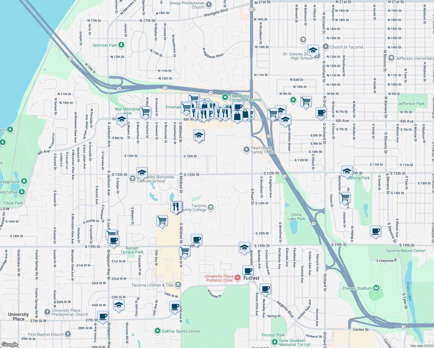 map of restaurants, bars, coffee shops, grocery stores, and more near 6199 South 12th Street in Tacoma