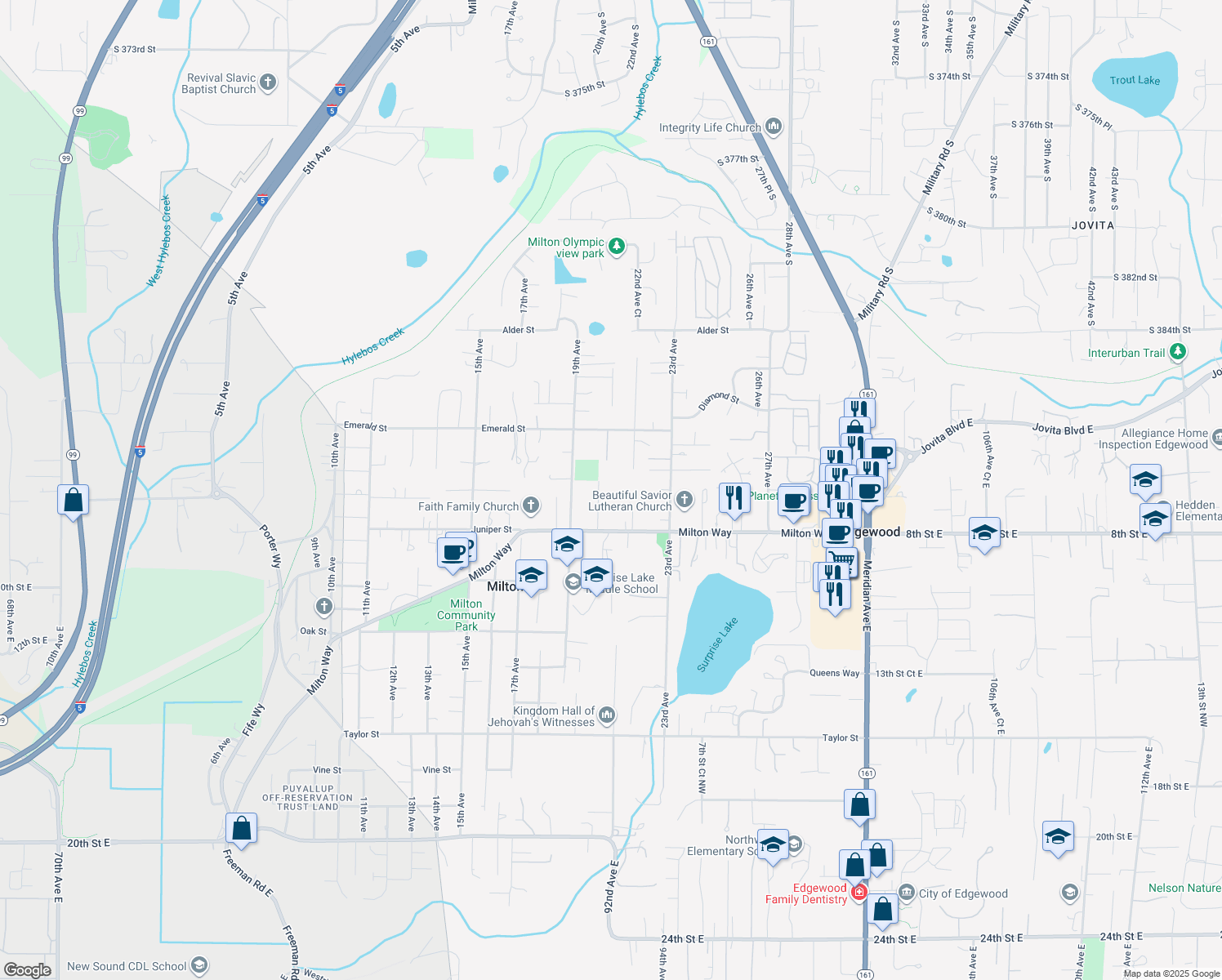 map of restaurants, bars, coffee shops, grocery stores, and more near 710 20th Ave in Milton