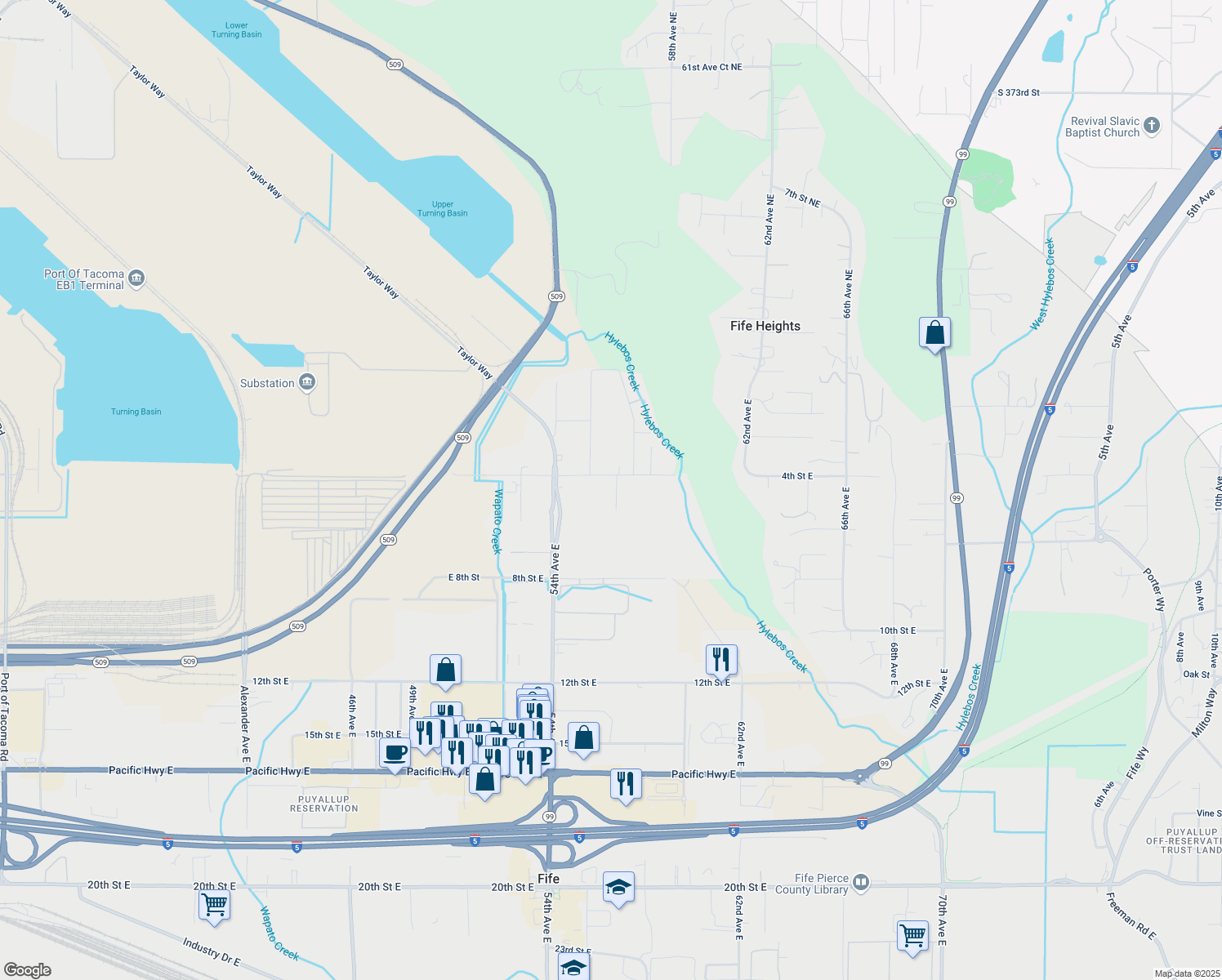 map of restaurants, bars, coffee shops, grocery stores, and more near 416 56th Avenue East in Fife