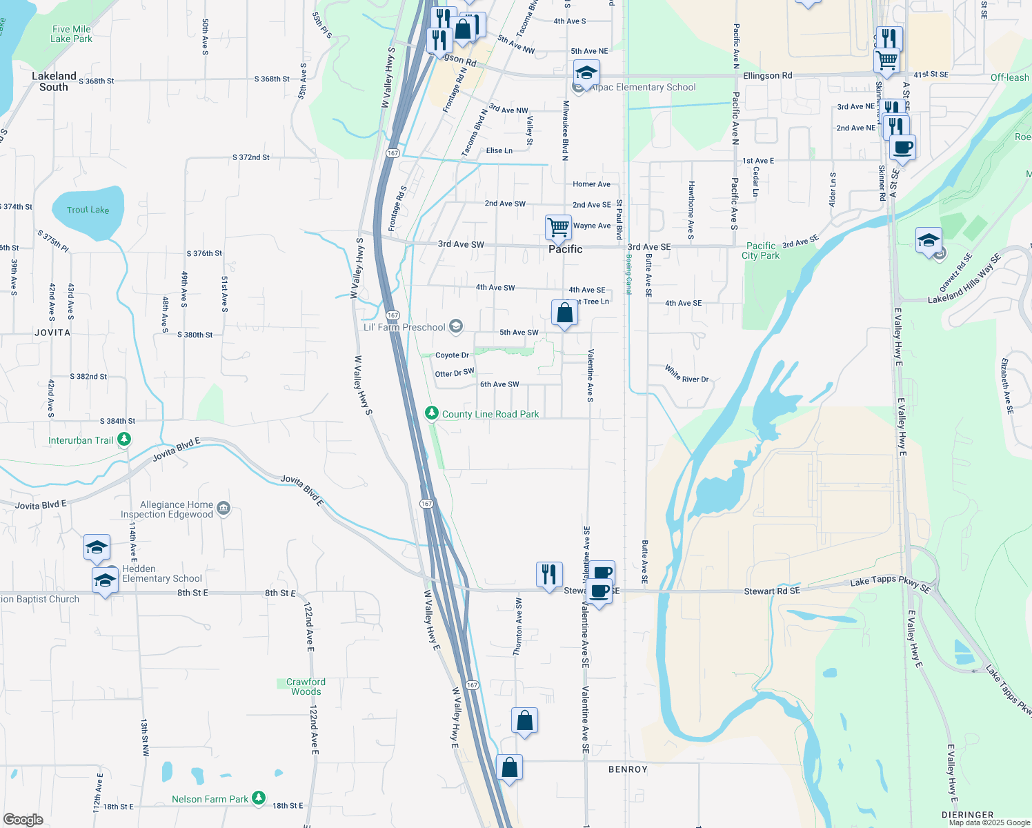 map of restaurants, bars, coffee shops, grocery stores, and more near 625 Glacier Avenue South in Pacific