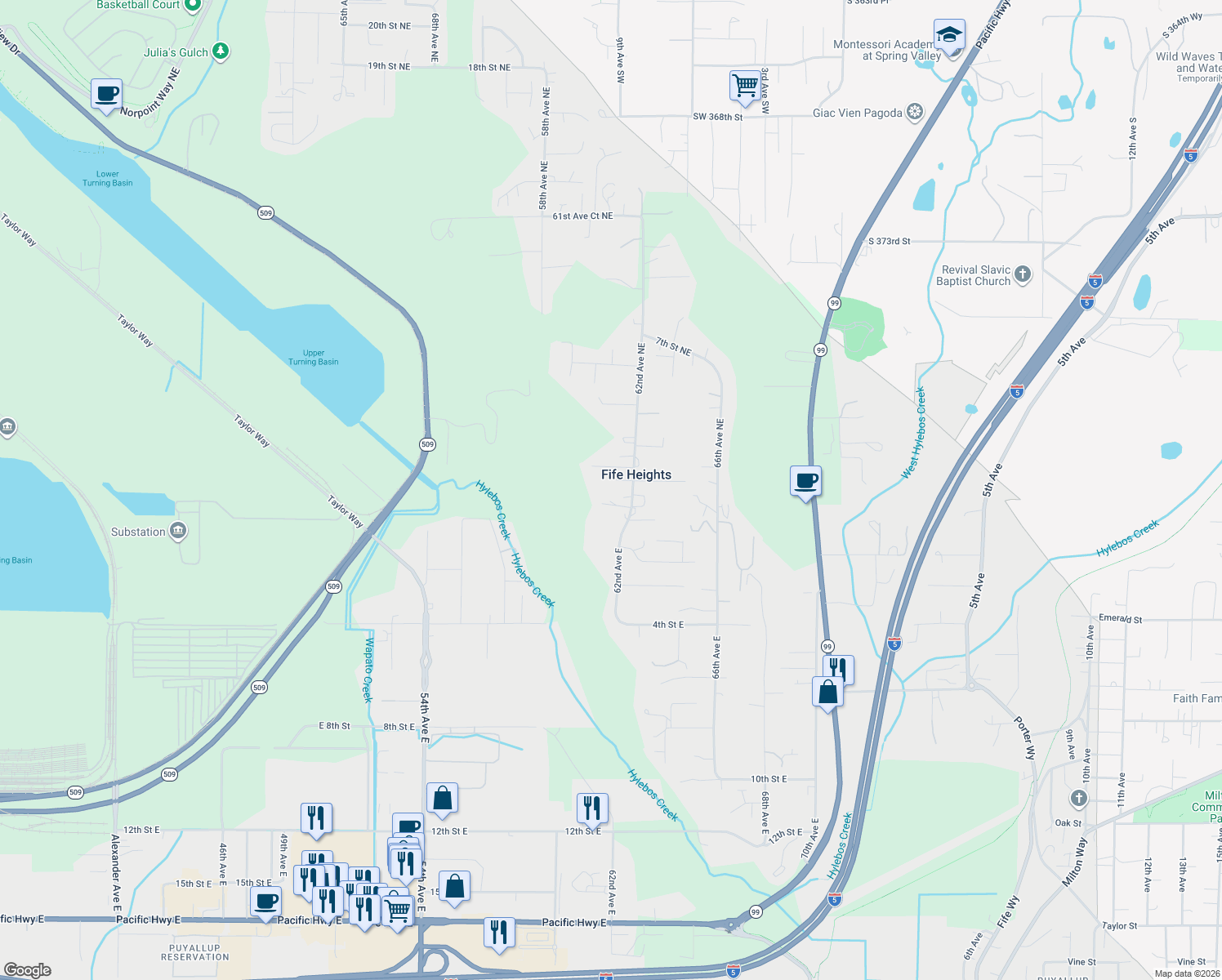 map of restaurants, bars, coffee shops, grocery stores, and more near 102 62nd Avenue Northeast in Tacoma