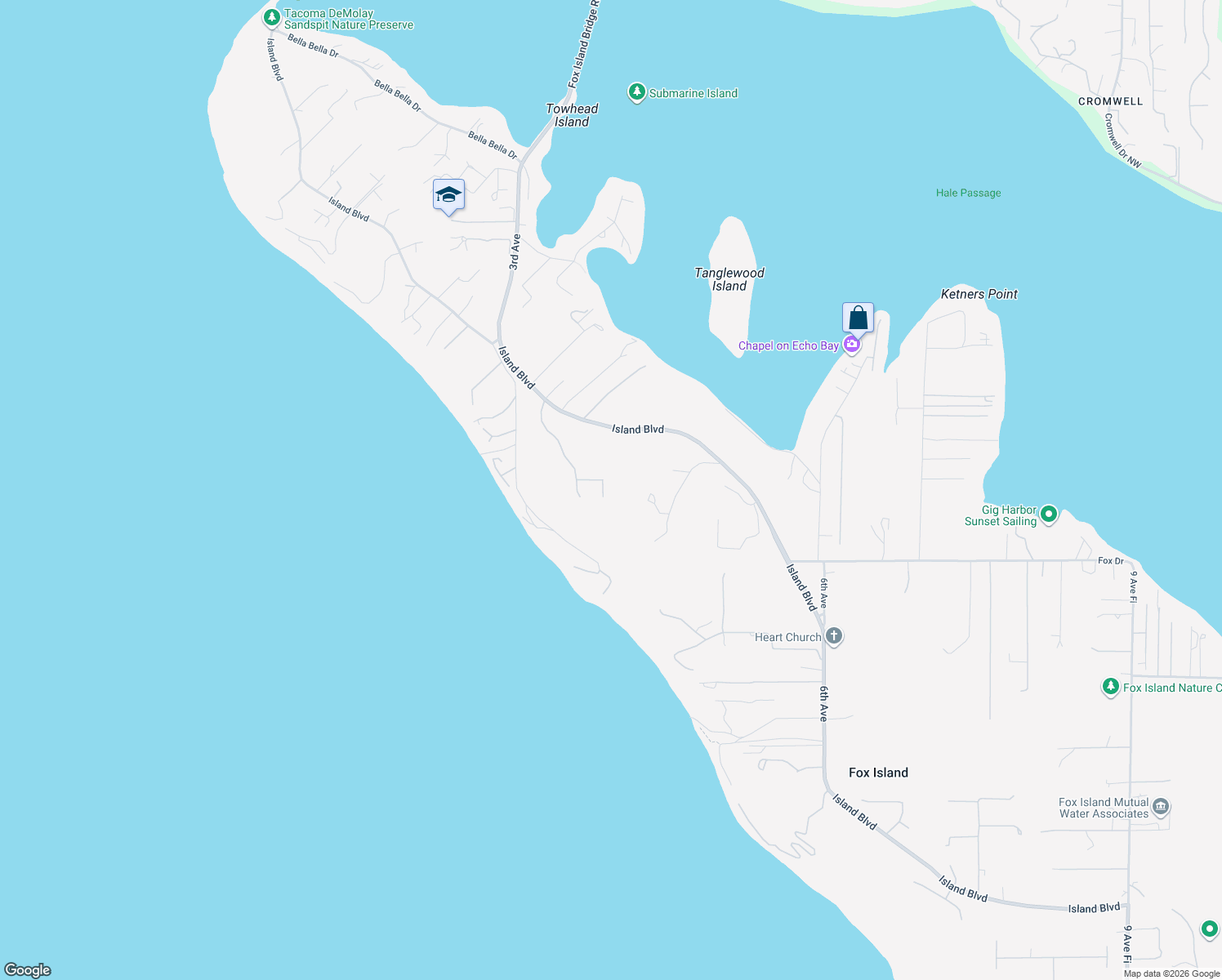 map of restaurants, bars, coffee shops, grocery stores, and more near 548 3rd Lane in Fox Island