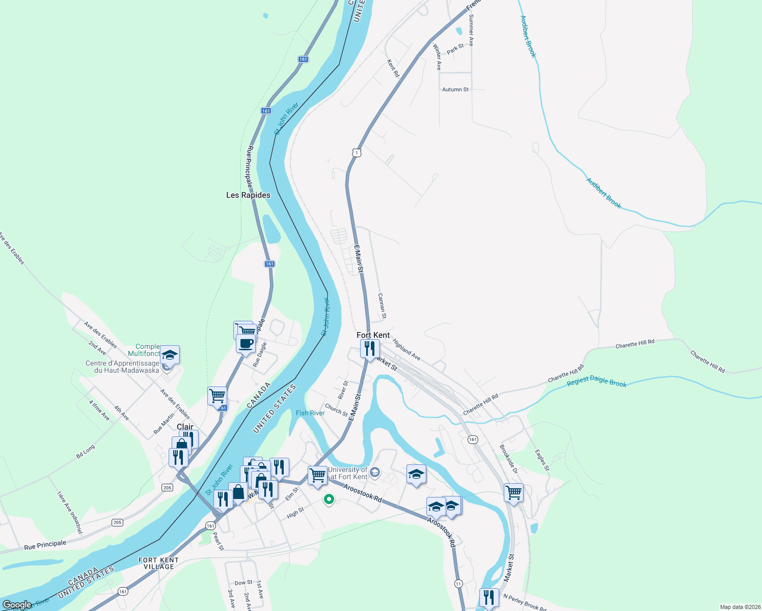 map of restaurants, bars, coffee shops, grocery stores, and more near 30 Cannan Street in Fort Kent