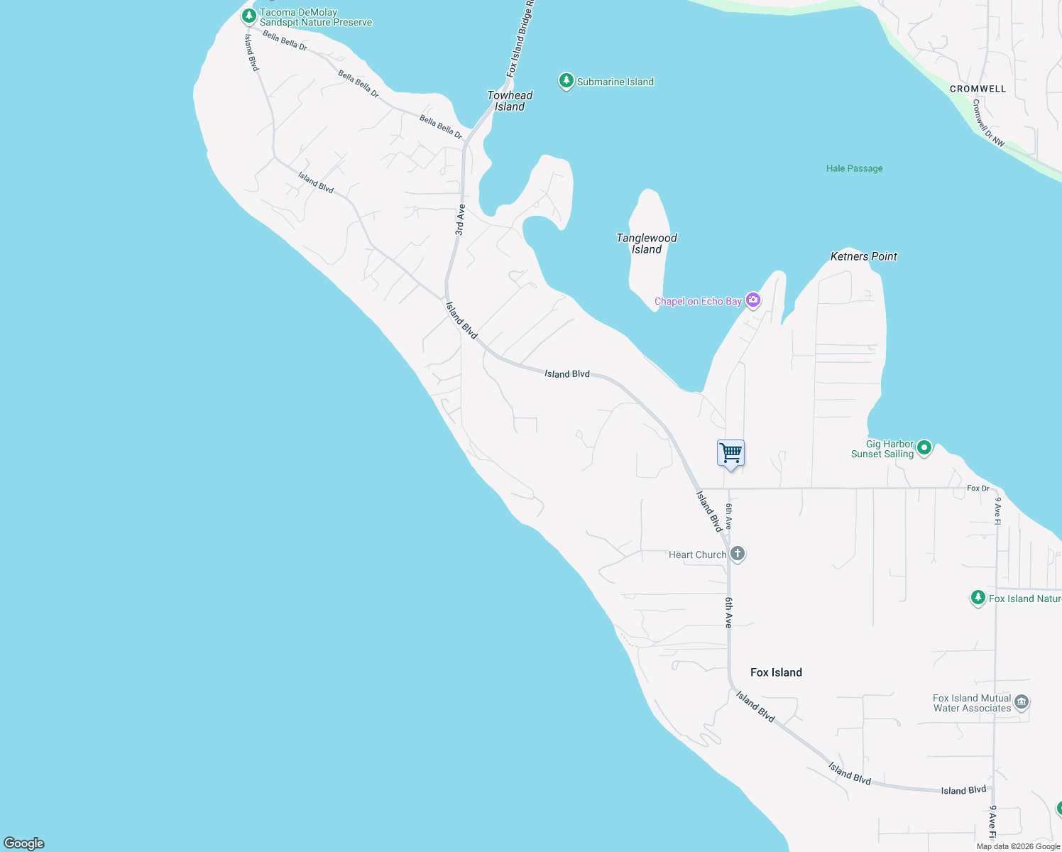 map of restaurants, bars, coffee shops, grocery stores, and more near 548 3rd Lane in Fox Island