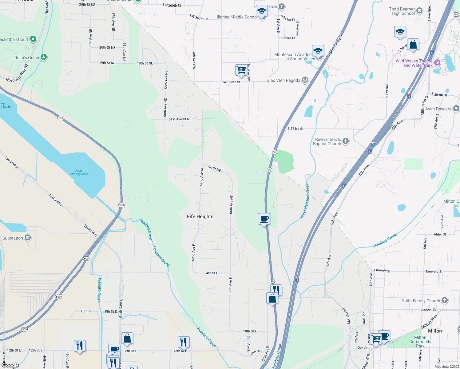 map of restaurants, bars, coffee shops, grocery stores, and more near 6513 5th Street Northeast in Tacoma