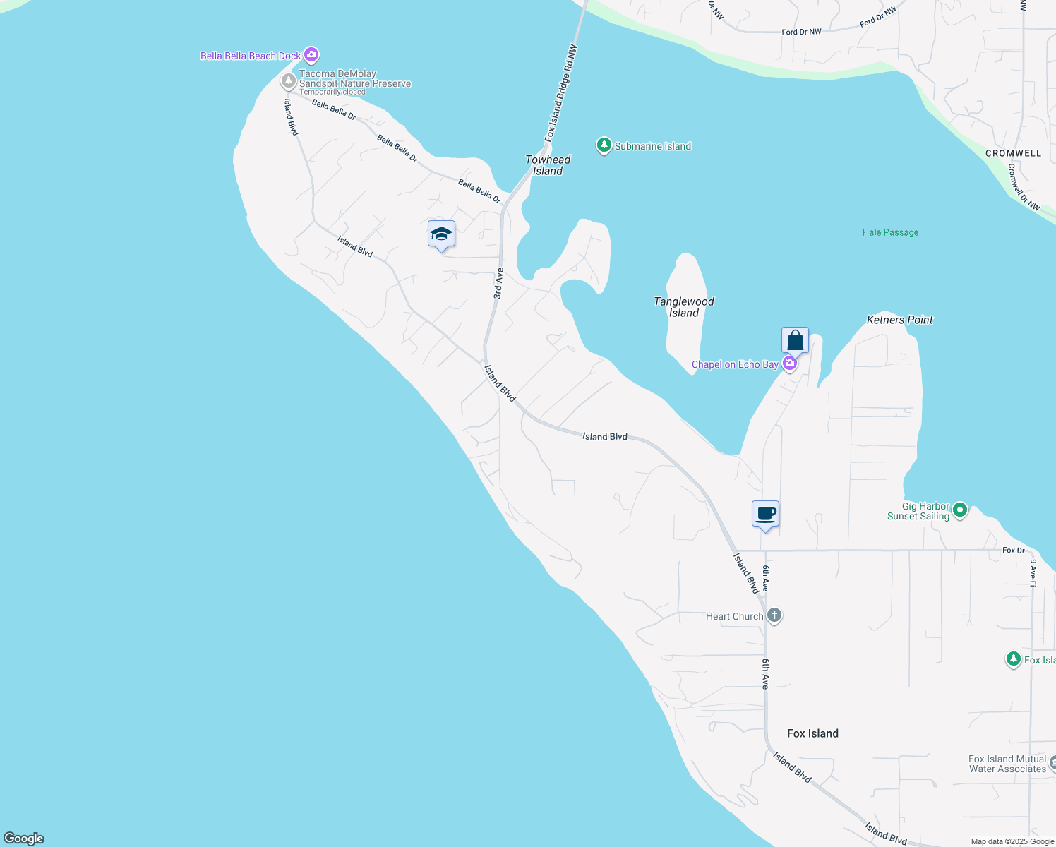 map of restaurants, bars, coffee shops, grocery stores, and more near 331 Island Boulevard Fi in Fox Island